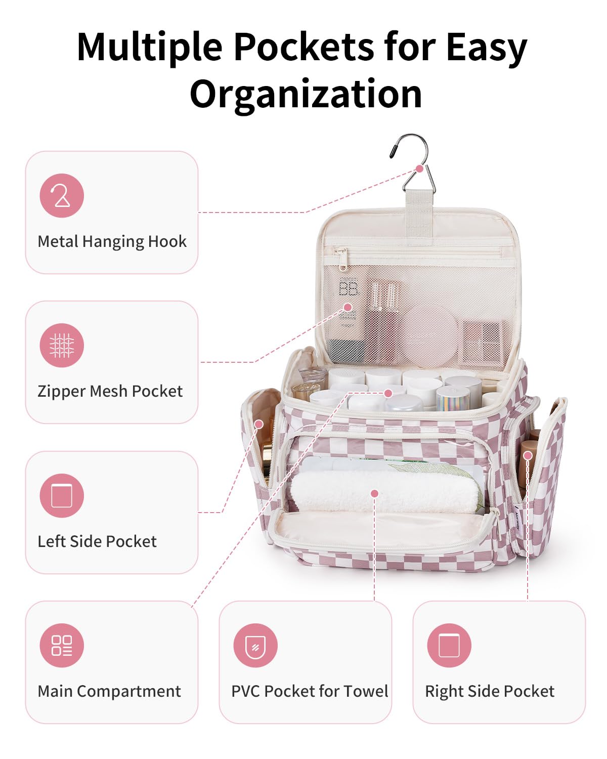 Narwey Hanging Travel Toiletry Bag for Women, Large Makeup Bag, Wide Open Cosmetic Bag, Multiple Organized Pocket, Wet Pocket for Towel, Portable Bathroom Travel Bag for Toiletries, Essentials