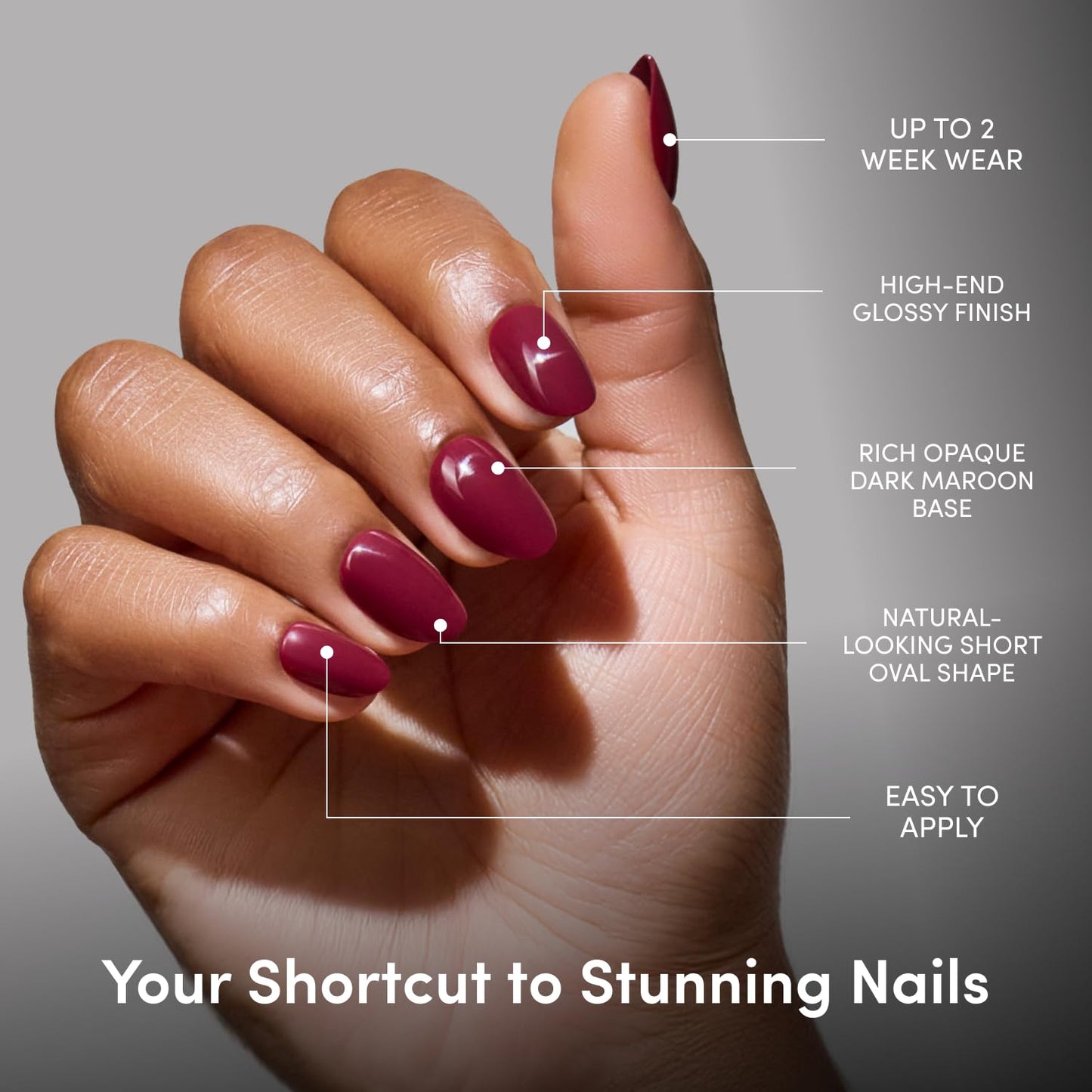 Glamnetic Press On Nails - Short Oval Fake Nails | Glossy Dark Maroon Press On Nails, Salon Quality Kit with Glue | Berry Mood - 30 Nail Set in 15 Sizes
