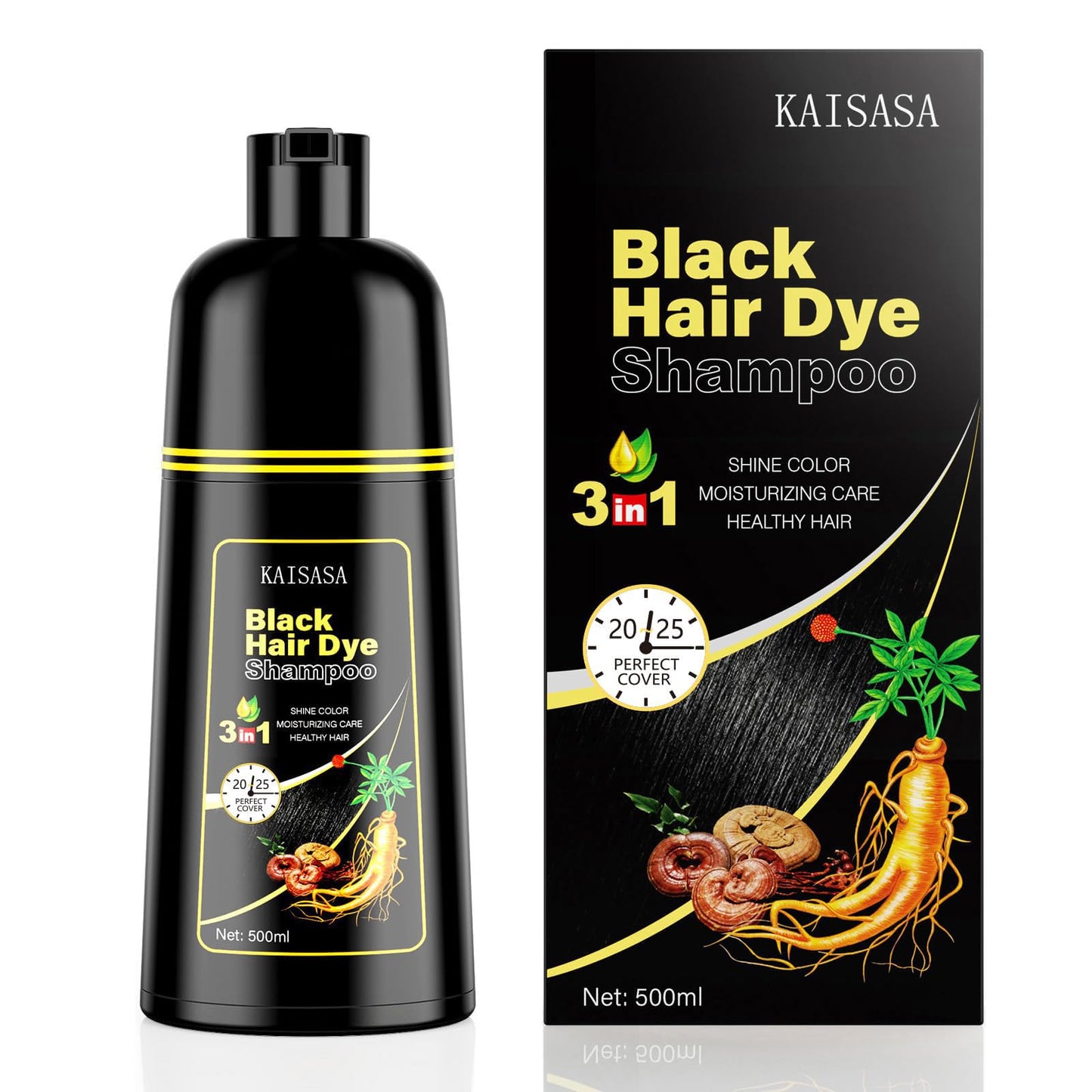 KAISASA Black Hair Dye Shampoo 3 in 1, Hair Color Shampoo for Women and Men, Hair Dye to Cover Gray Hair, Dye Shampoos for Grey Hair Coverage 500ml (Black)