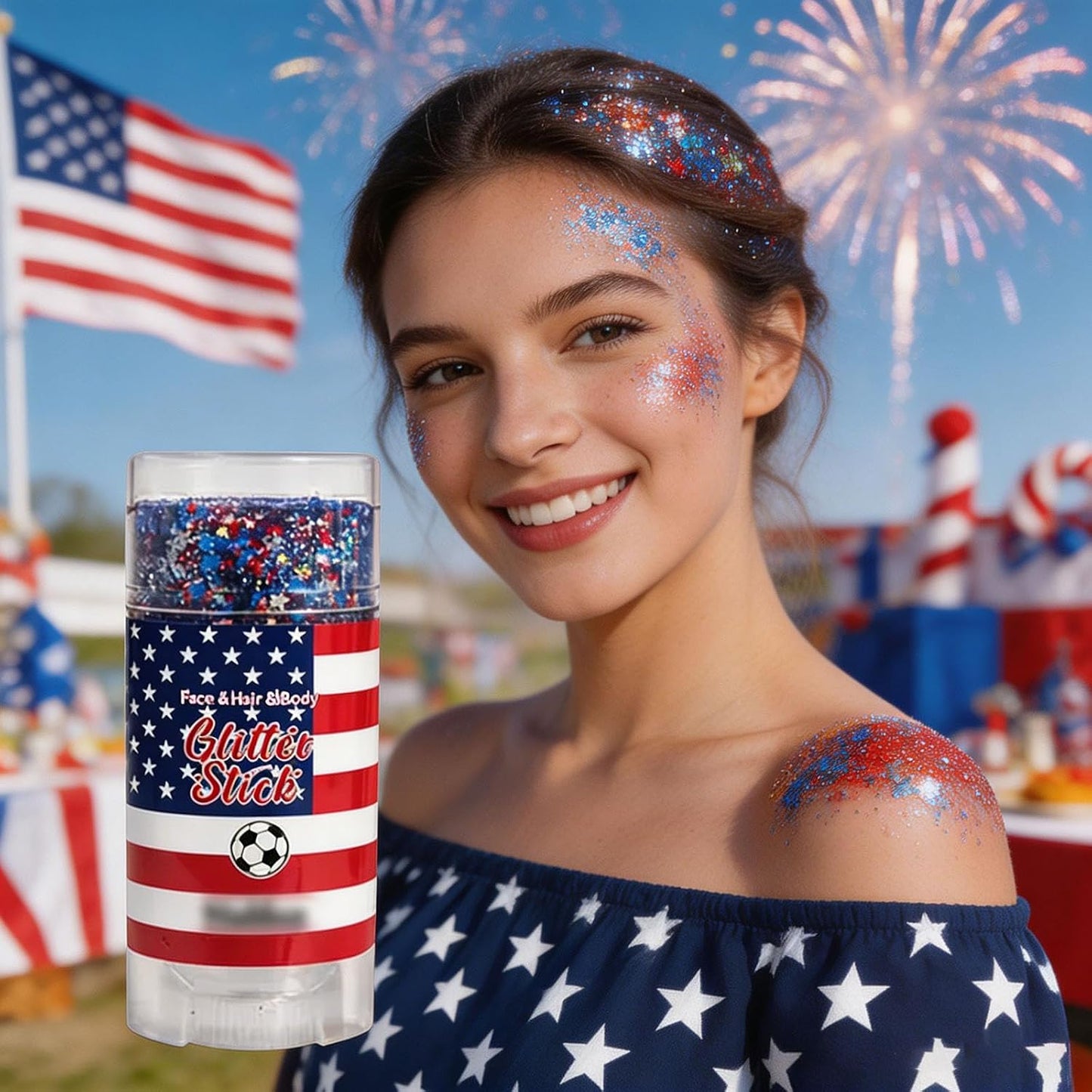 Red White Blue Hair Glitter Stick | Face & Body Paint for Fourth of July Makeup & Decorations