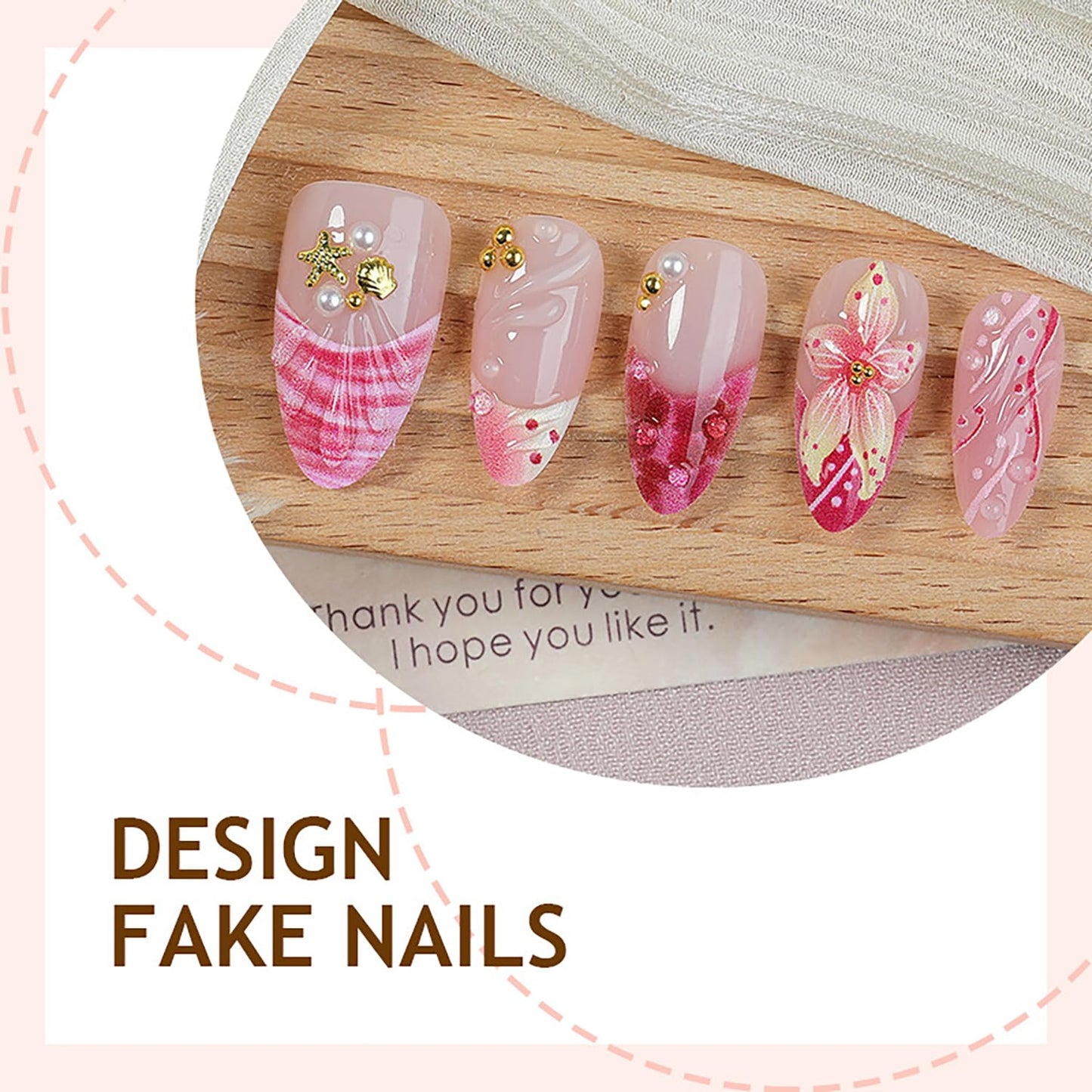 French Tip Press-On Nails - 30pcs Medium Almond Acrylic with 3D Flower & Pearl Design | Reusable Summer Nail Art