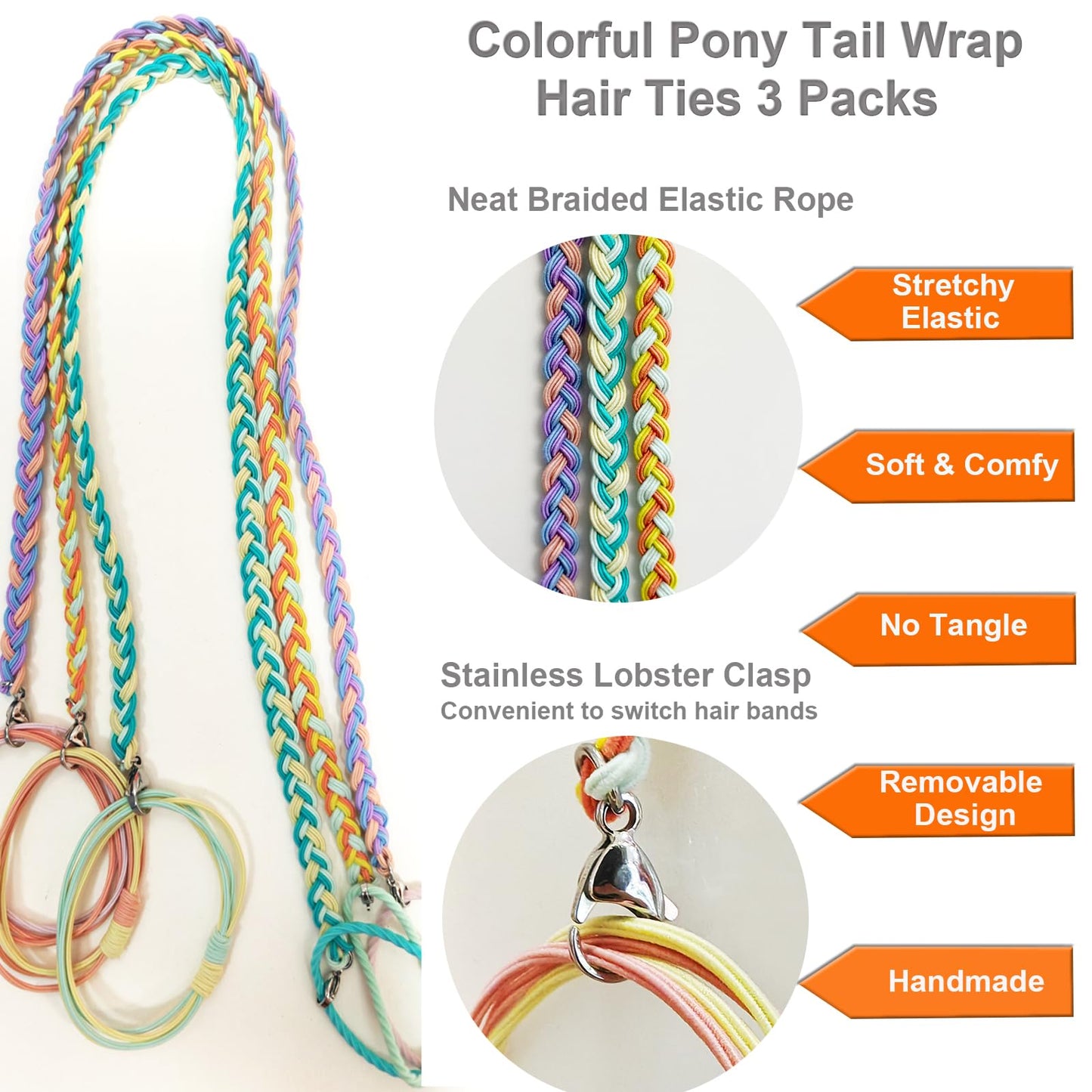 Long Braided Hair Ties for Women, 3 Pcs 18" Tangle-Free Rip Hair Ties