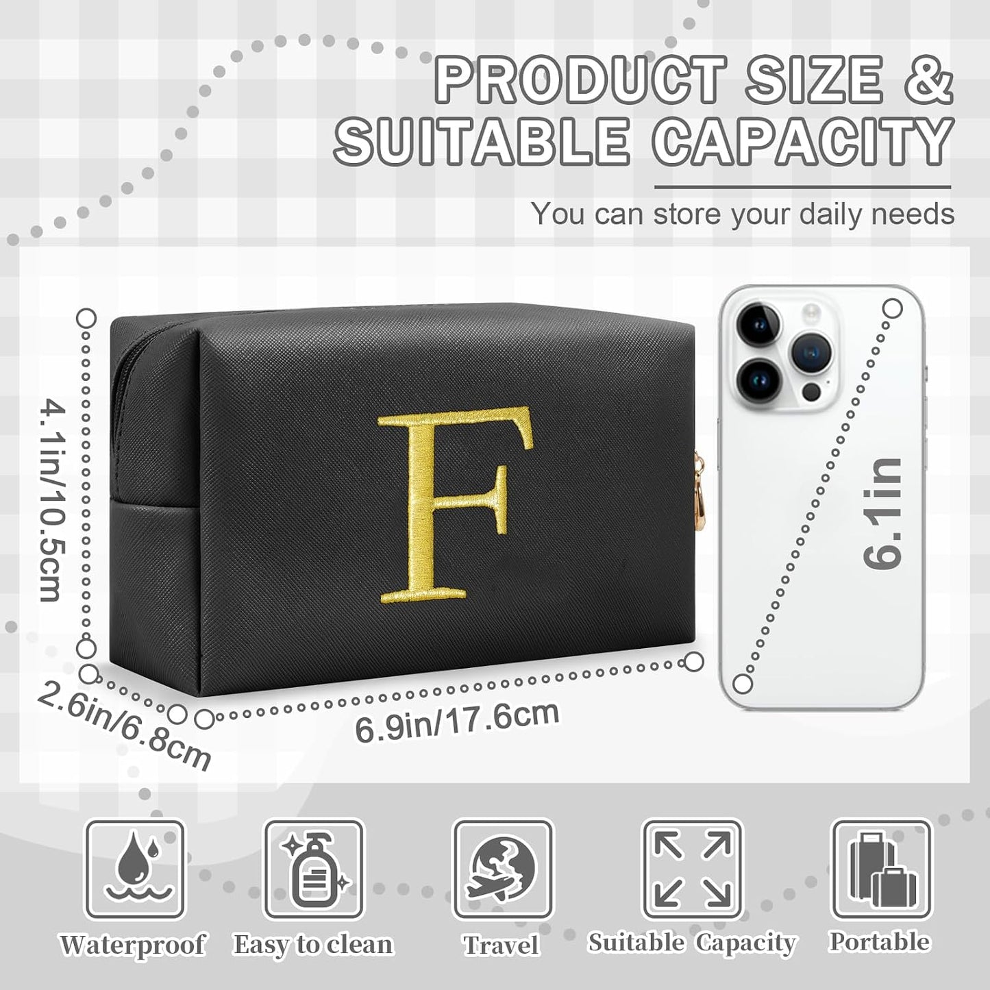 Personalized Initial Makeup Bag - Gold Embroidered Cosmetic Bag for Teens | Custom Travel Toiletry Bag (Black)