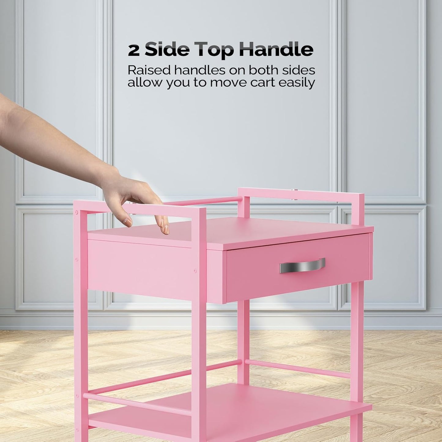 Salon Trolley Cart - Wooden Rolling Storage Station for Beauty | Mobile Utility Cabinet with 1 Drawer & 2 Trays, Pink