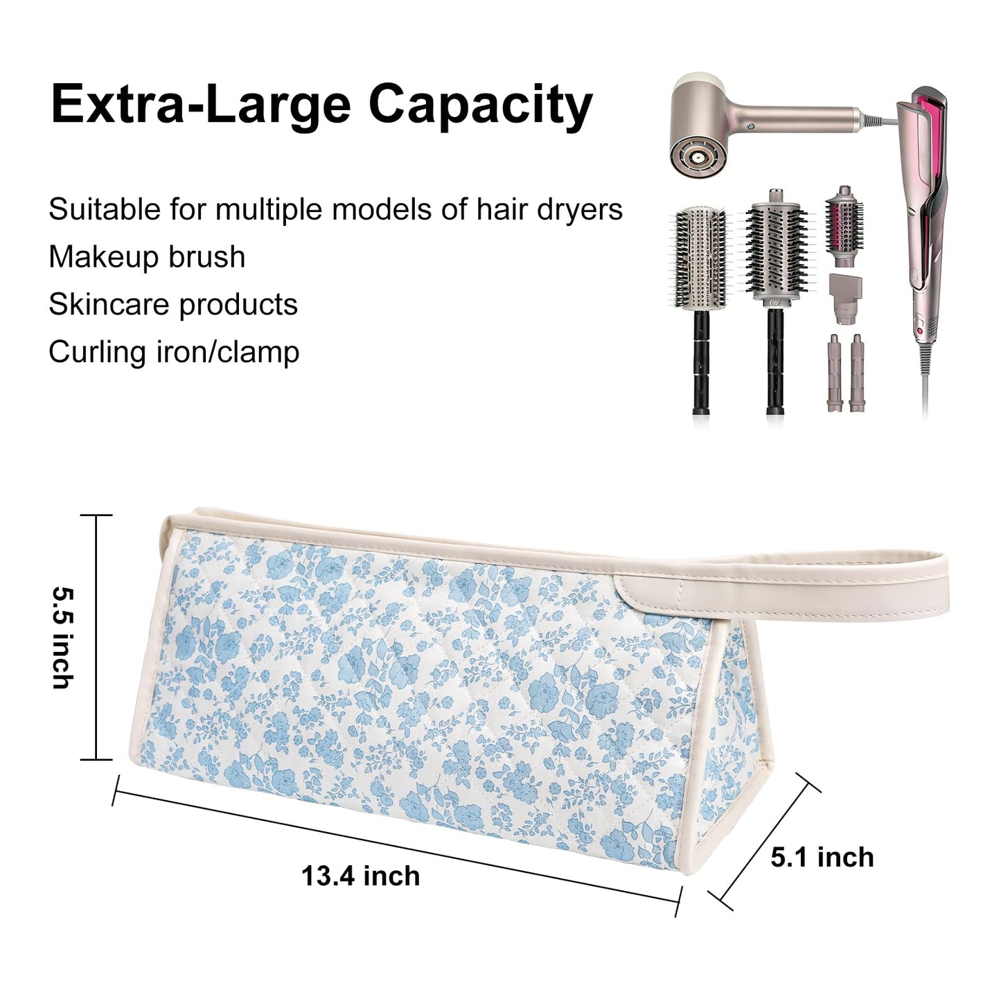 idoltimes Quilted Hair Tools Travel Bag, Compatible with Dyson Airwrap Styler, Portable Cotton Floral Organizer Case for Shark FlexStyle Attachments Storage
