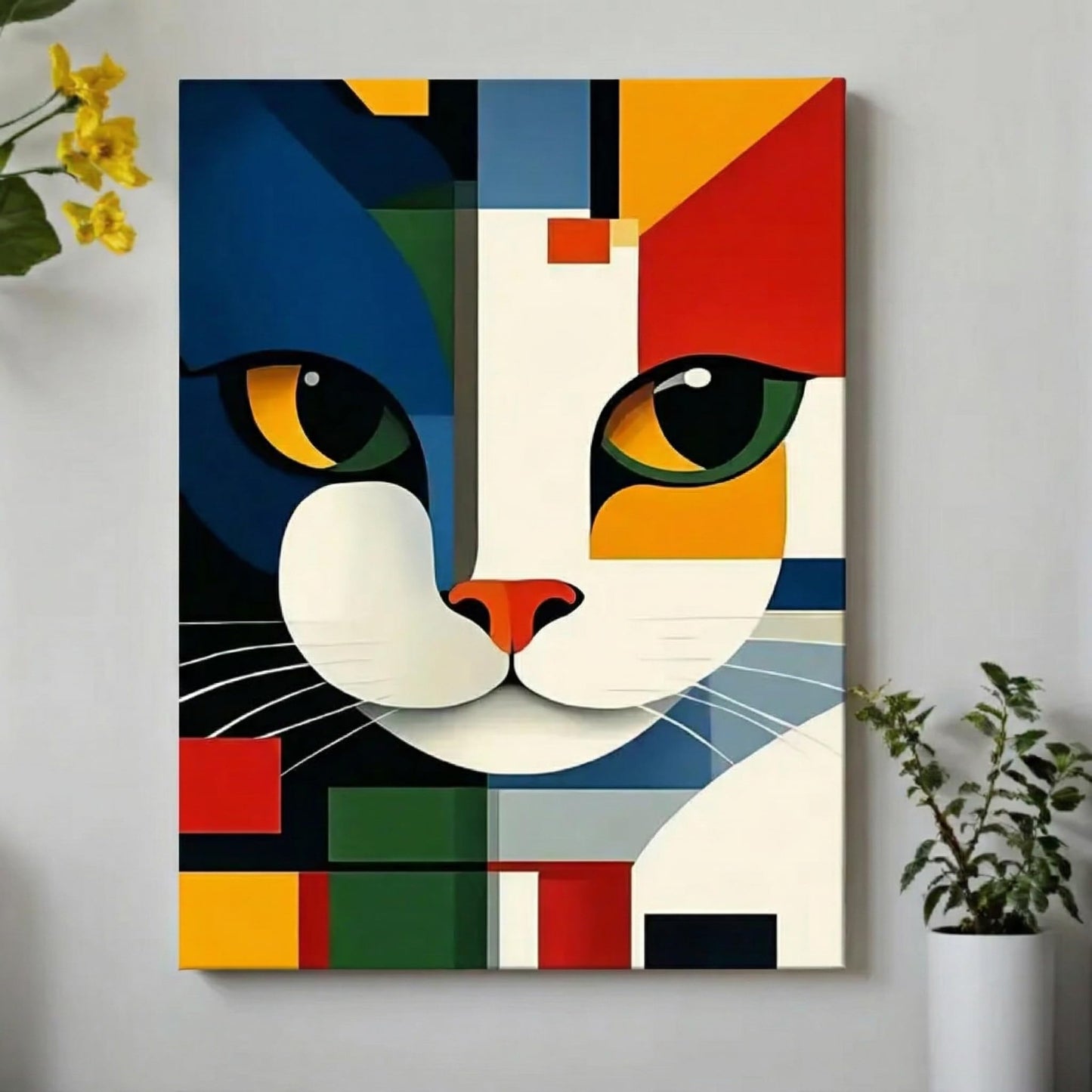 Cat Decor, 15x20 Modern Geometric Abstract Gifts For Women Unframed Canvas Painting, Aesthetic Vibrant Cat Wall Art Minimalist Room Decor For Bedroom Living Room Home Office