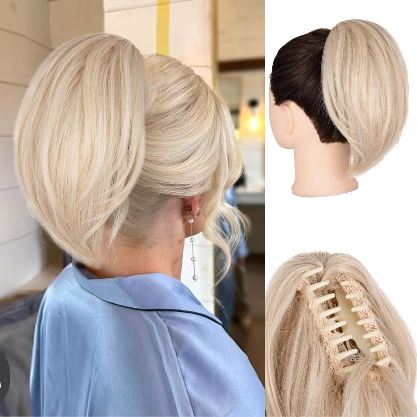 10 Inch Ponytail Extension - Straight Claw Clip Synthetic Hair | Brown with Blonde Highlights