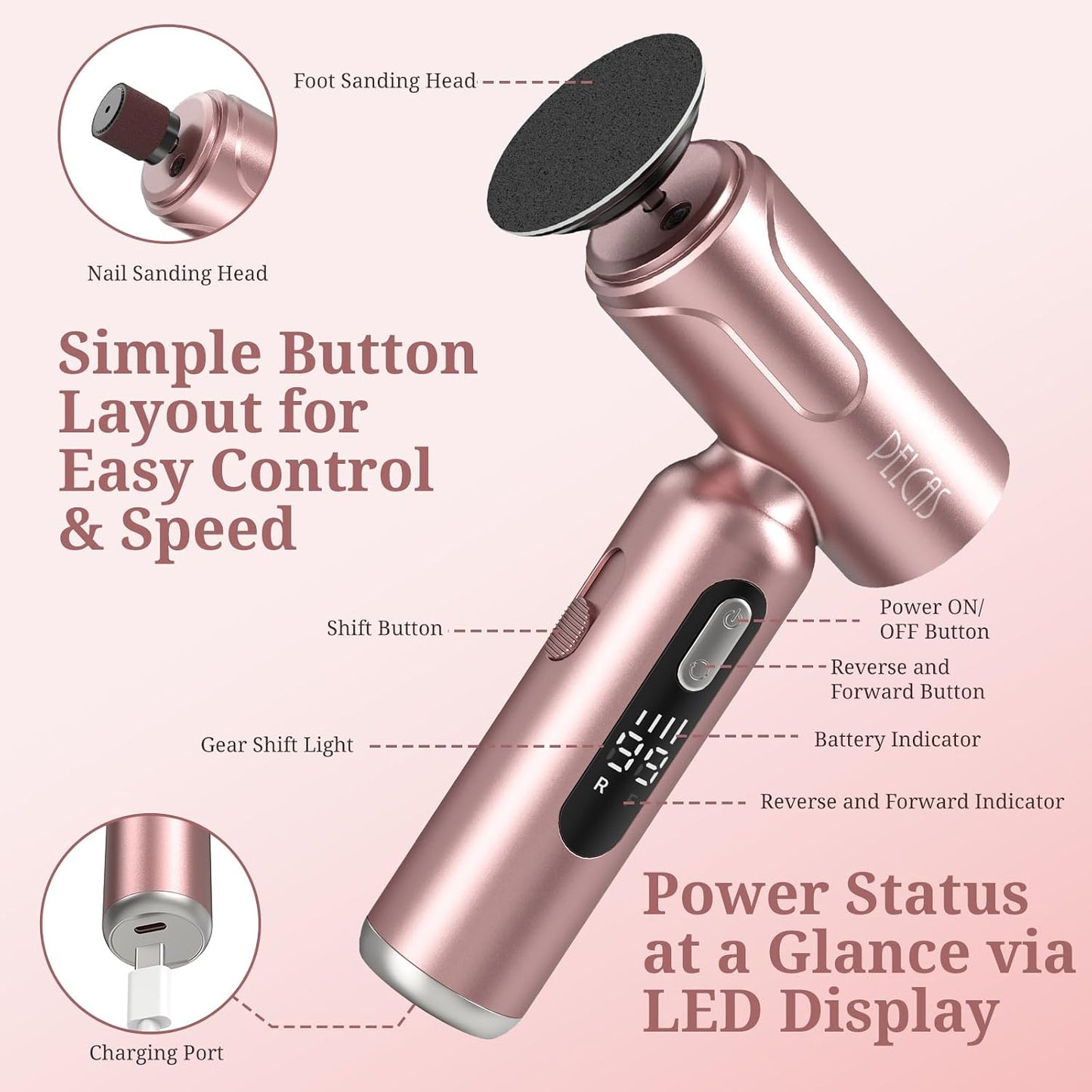 Electric Foot Callus Remover - 2-in-1 Manicure & Pedicure Kit with LED Screen | Cordless Foot File, 100 PCS Sandpapers, Pink