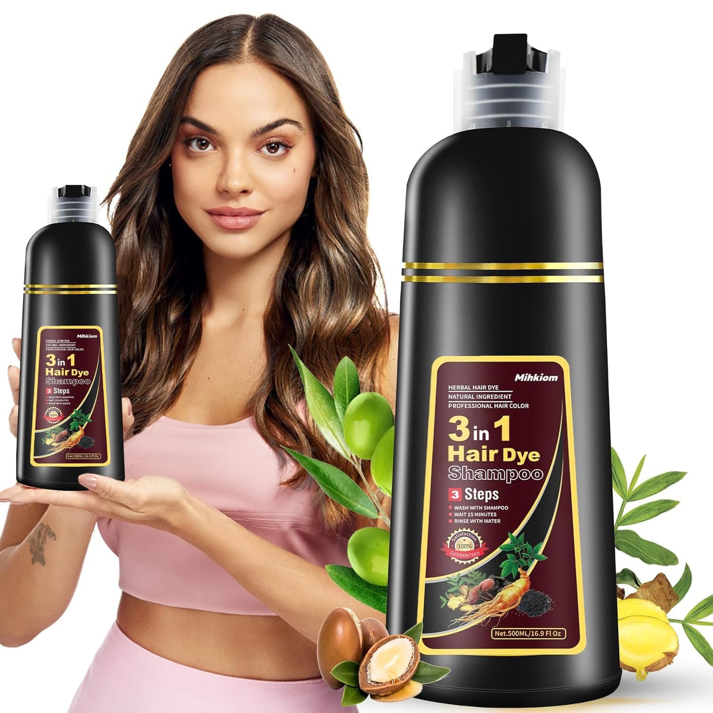 Mihkiom Brown Hair Dye Shampoo 3 in 1 for Women & Men, Hair Color Shampoo Refresh Hair Only 20 Mins - Natural Plant - Champu Para Pintar el Pelo