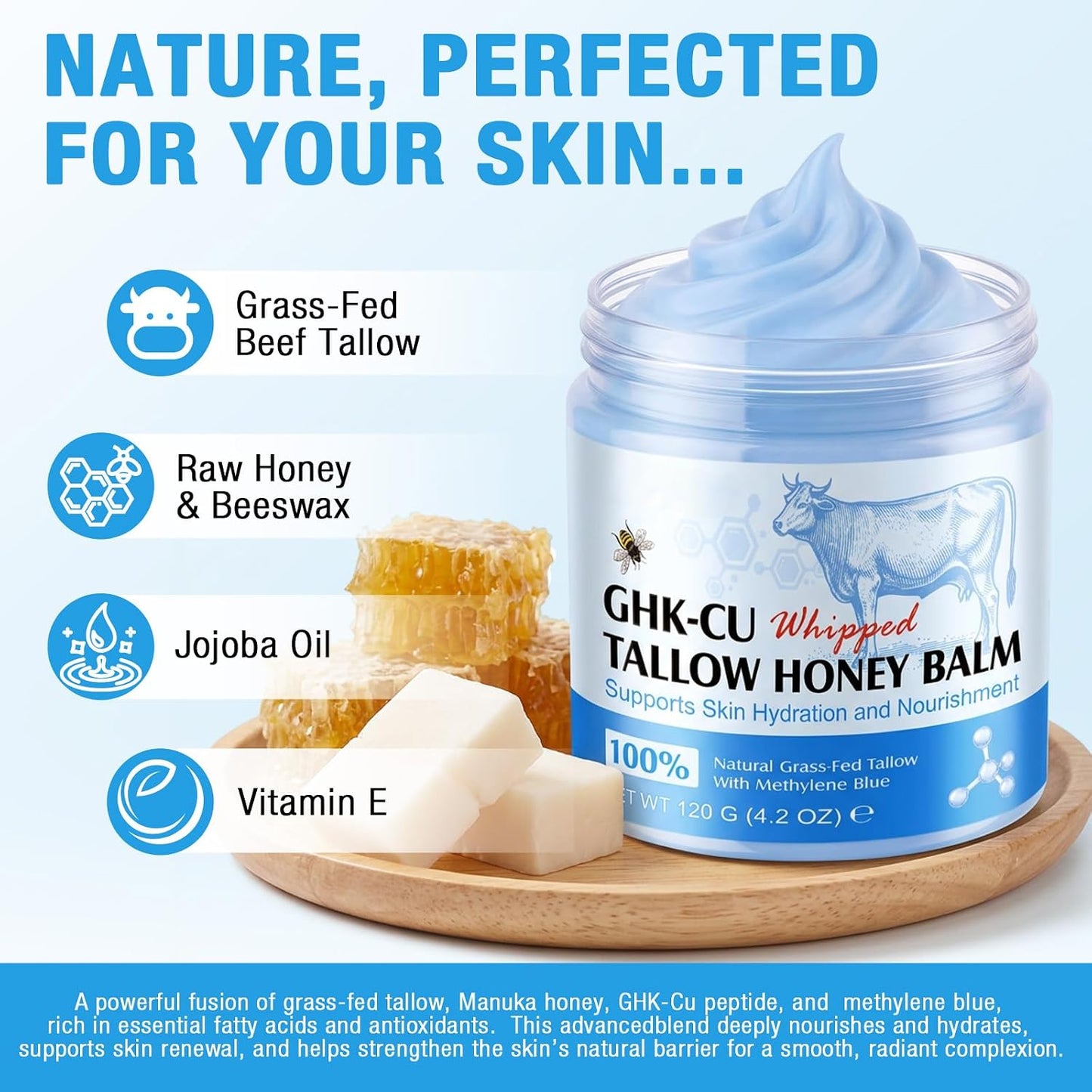 GHK-Cu Copper Peptide Face Cream - Beef Tallow Moisturizer for Dry Skin | 120g