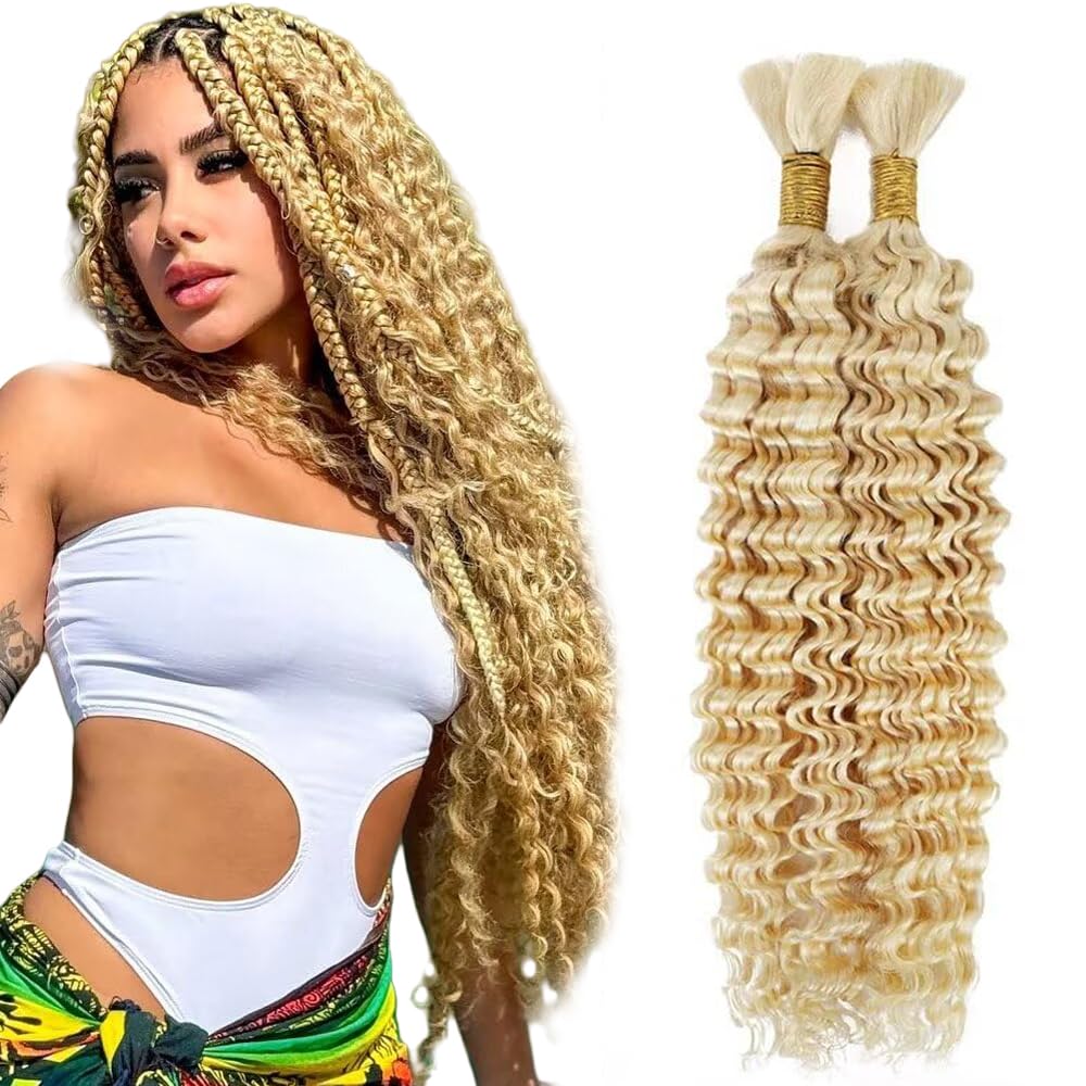 26 26 Inch 613 Boho Human Hair 613 Blonde Human Boho Hair For Braiding Pre Stretchet Color 613 Braids Deep Curly Wave Blonde Bulk Bohemian Braids HuxoWax 100g