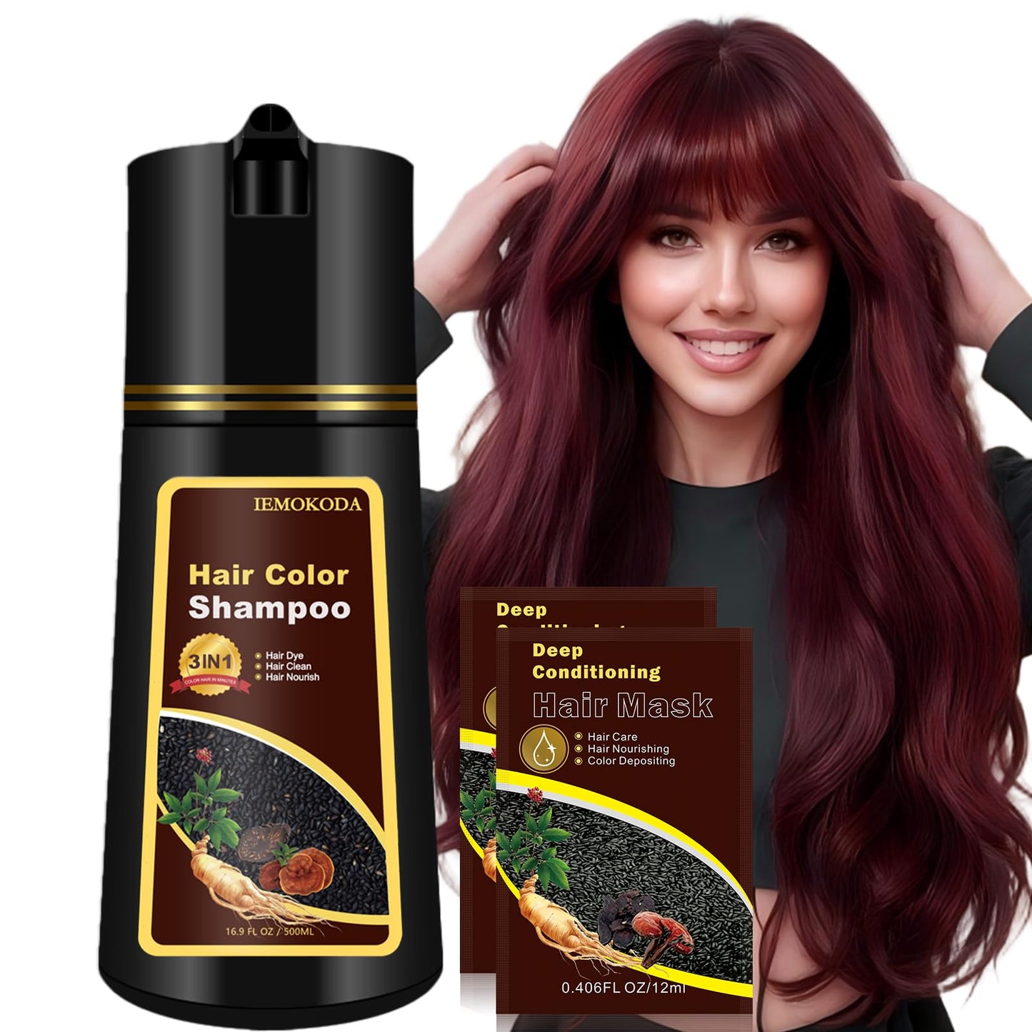 Red Hair Dye Shampoo for Women Men, Herbal 3-in-1 Hair Color Shampoo, Colors Hair in Minutes, Semi-Permanent Burgundy Hair Dye, Shampoo Para Pintar El Cabello, Easy to Use at Home - 16.90 Fl Oz
