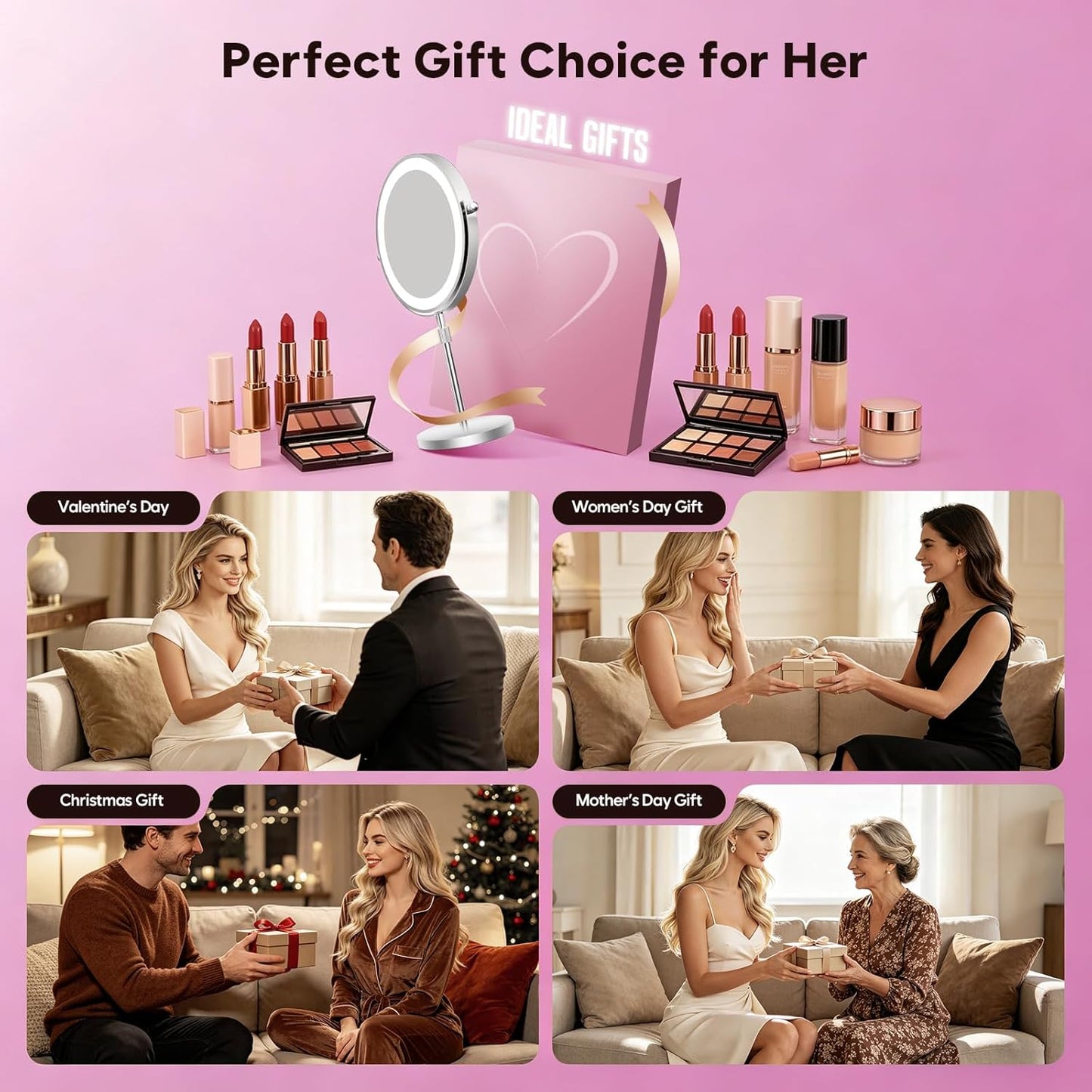 Makeup Mirror with Lights - 1X/30X Double-Sided Magnifying | Brightness Adjustable, 360° Rotation, Ideal Gift for Women