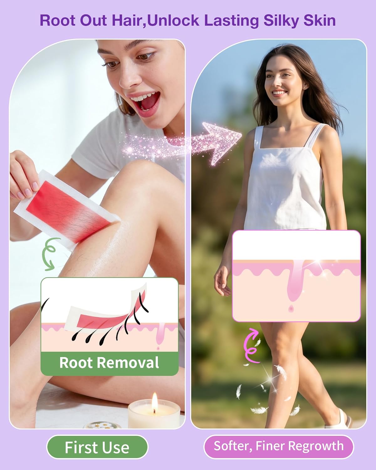Wax Strips Waxing Kit for Women - Hair Removal for Legs, Arms, Face & Bikini | 60 Strips + 6 Wipes | Hypoallergenic & Dermatologically Tested