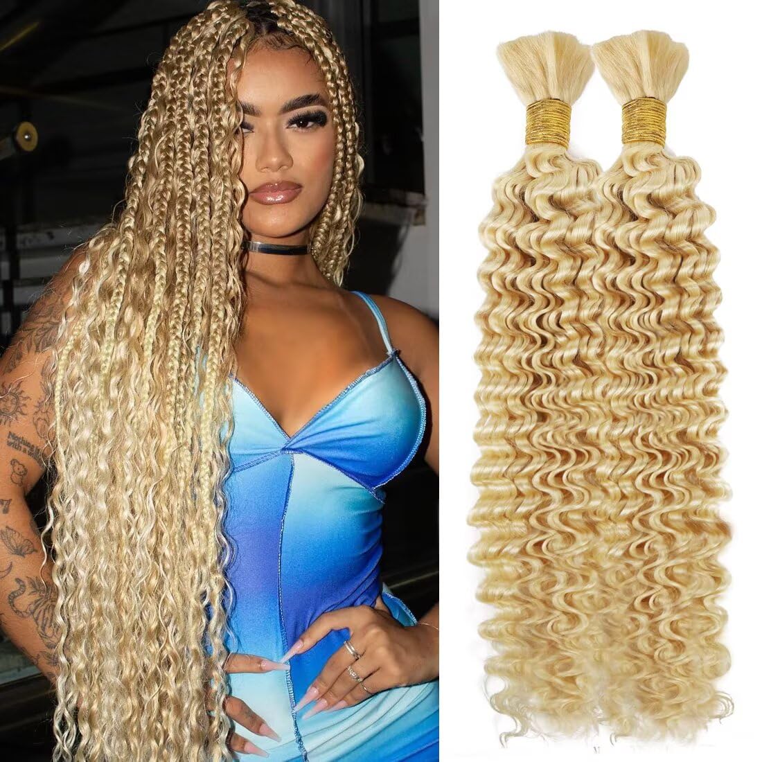 Boho Hair for Braiding, Curly Virgin Human Braiding Hair for Women, 12A Knotless Deep Wave Bulk Bohemian Styles, 100g 24 Inch 2 Bundles/Pack Blonde Color 613