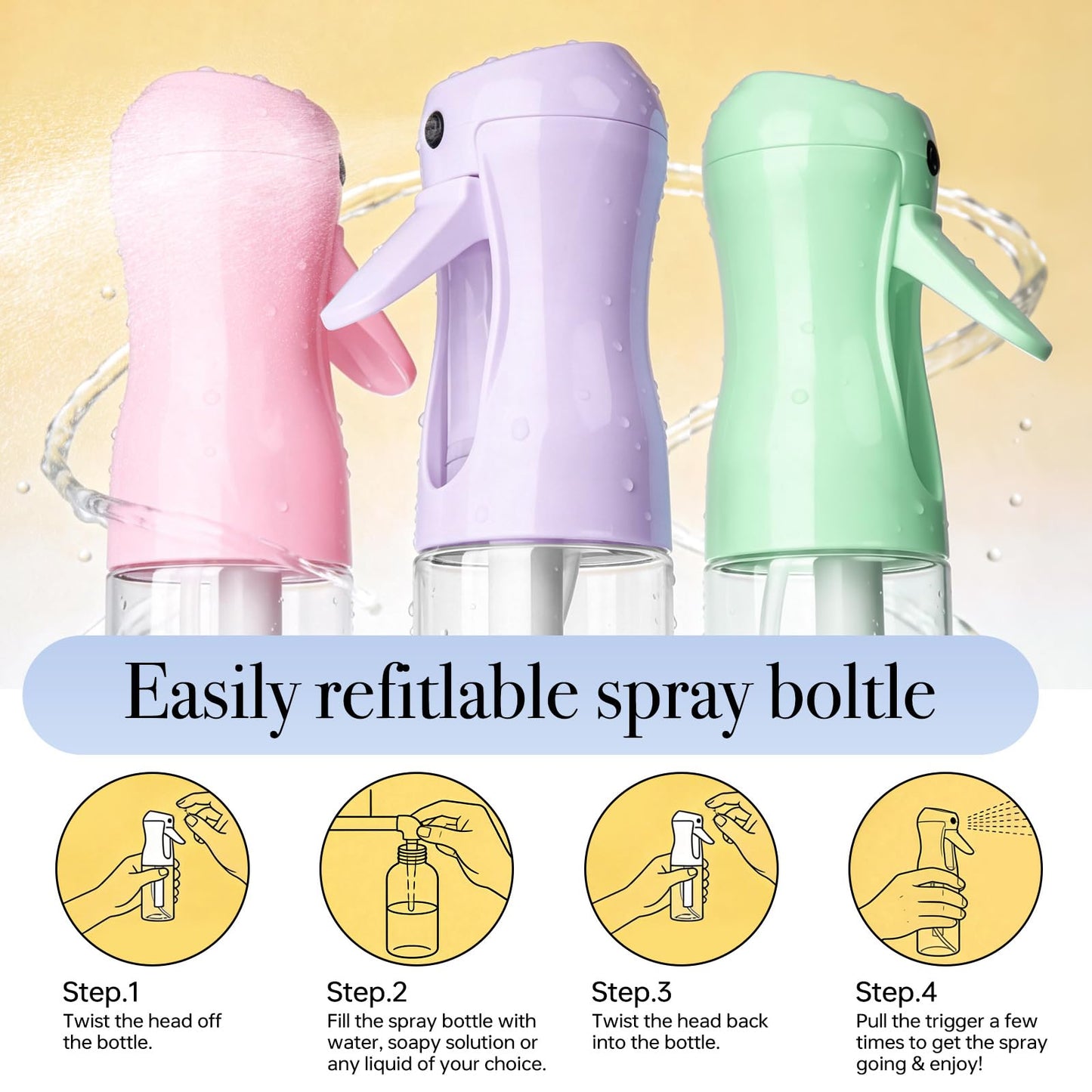 RMNJPW 3Pcs Continuous Spray Bottles For Hair,Ultra Fine Mister for Hair Styling, Plants, Cleaning, Salon, Misting & Skin Care (200ML Green+Pink+Purple)