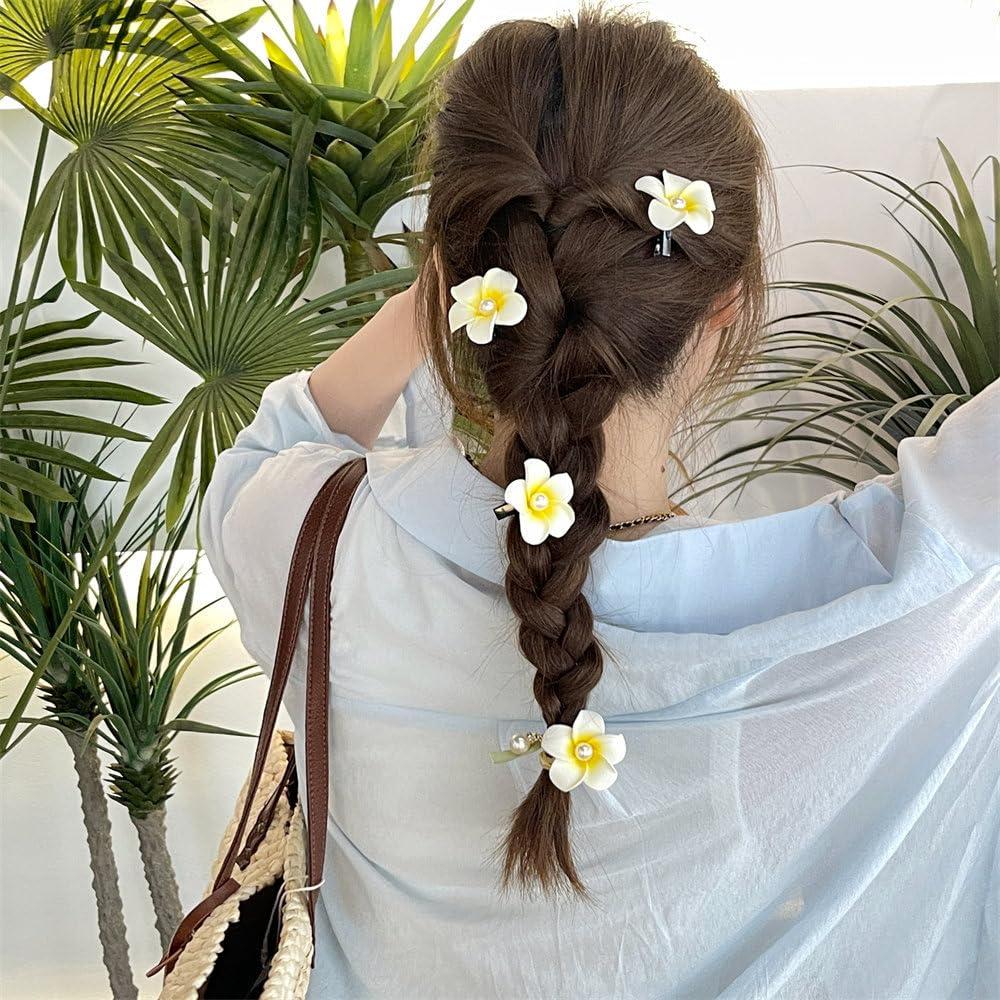Hawaiian Plumeria Hair Clips - 3pcs Galsang Flower Barrettes for Beach Parties | White