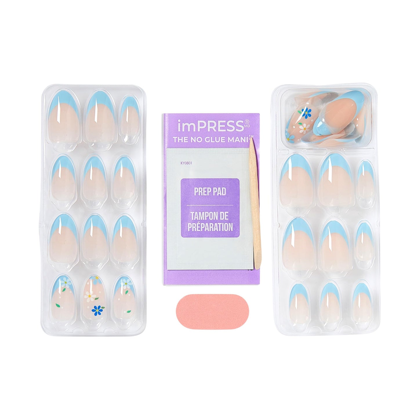 Kiss Impress No Glue Mani Press On Nails, Design, 'Golden Nest', Blue, Medium Size, Almond Shape, Includes 30 Nails, Prep Pad, Instructions Sheet, 1 Manicure Stick, 1 Mini File