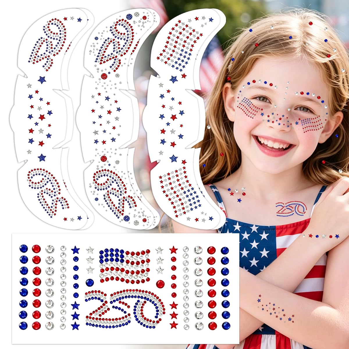 Mysense Waterproof 4th of July Temporary Tattoos - Red, White & Blue Glitter Face Stickers | Easy Application, 6 Sheets