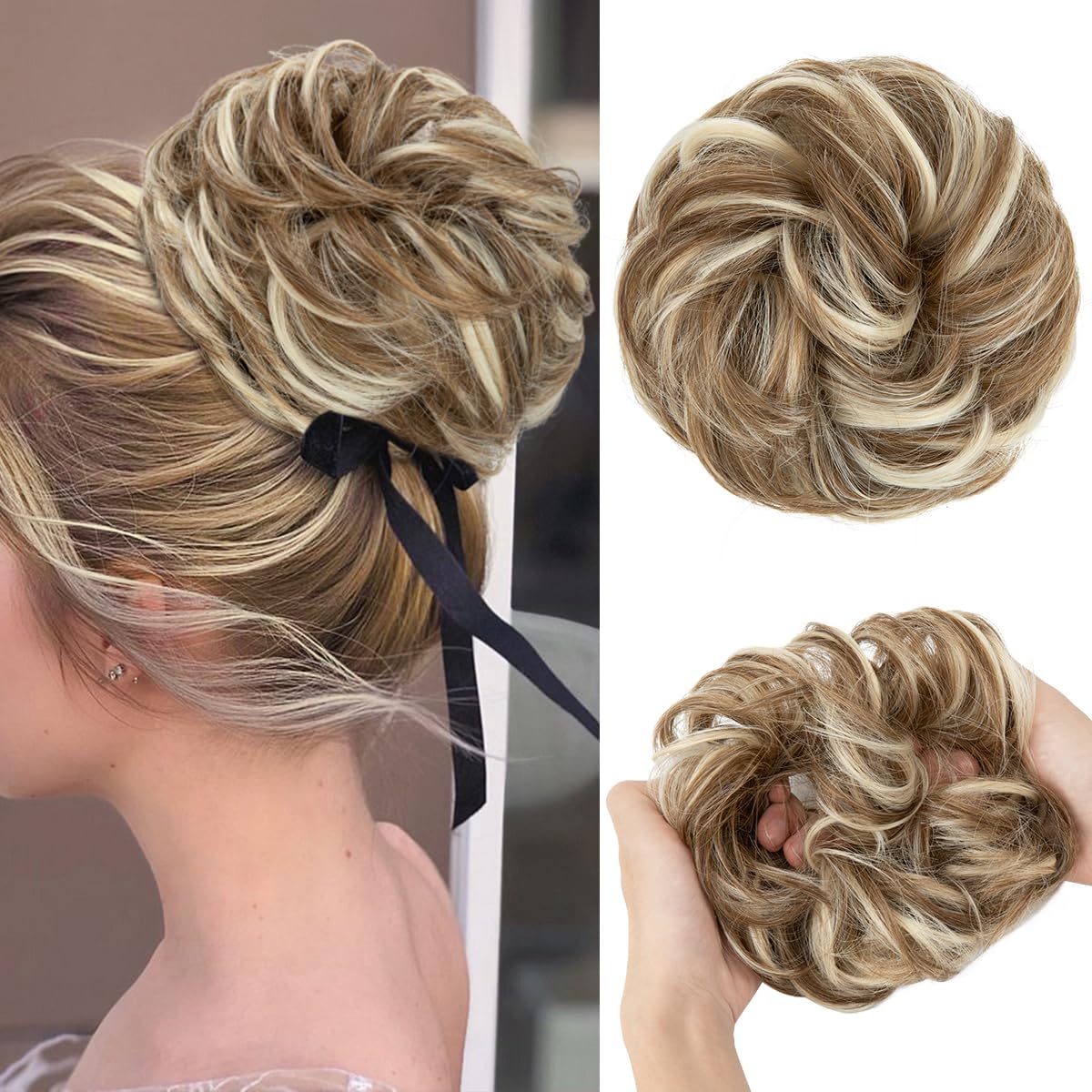 Large Messy Bun Hair Piece - Wavy Curly Synthetic Ponytail Extensions | Thick Updo in Pecan Blonde