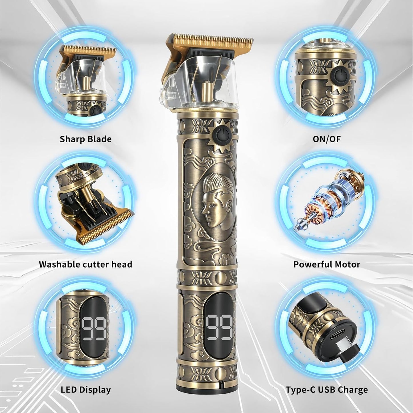 Men's Hair Trimmer - Professional Electric Shaver & Nose Hair Clippers | Cordless T-Blade Grooming Kit (Bronze)