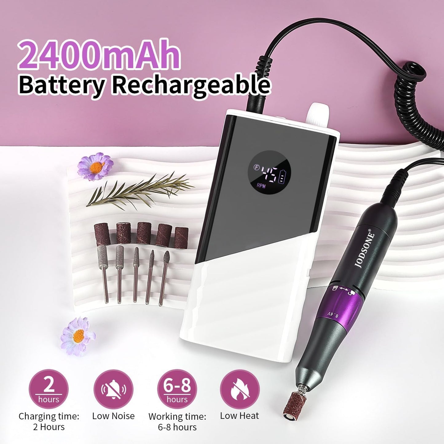JODSONE Nail Drill - 45000 RPM Rechargeable Nail File for Gel Removal | Low Noise & Portable for Home or Salon
