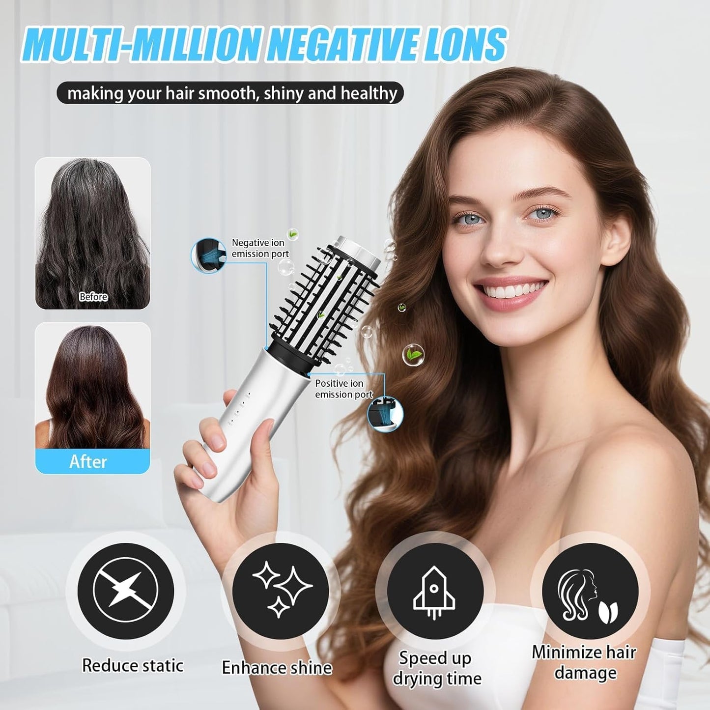 Cordless Curling Iron Brush - 3-in-1 Mini Travel Heated Styling Tool | Rechargeable, 1.5-Inch, White