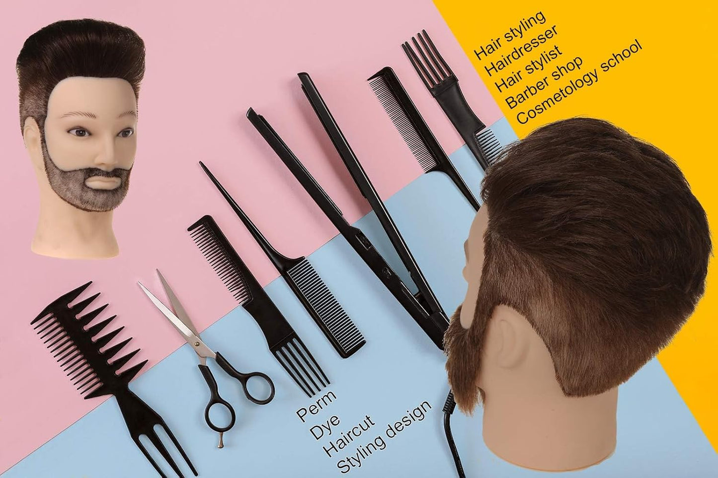 Male Mannequin Head - 14” Barber Training Head with 100% Human Hair | Dark Brown Hairdresser Manikin for Styling Practice