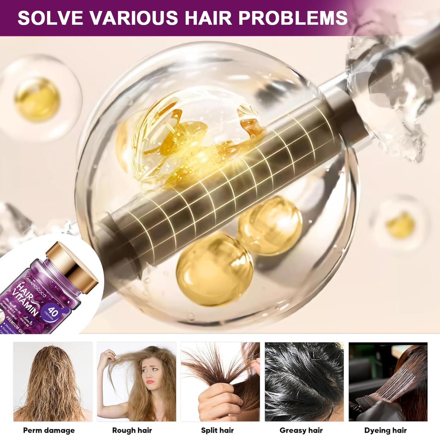 Amococo Hair Oil 40 Capsules with Keratin, Argan Oil & Jojoba Oil, Nourishing & Strengthening Hair for Dry, Damaged Hair, Frizz Control & Softness for Women & Men