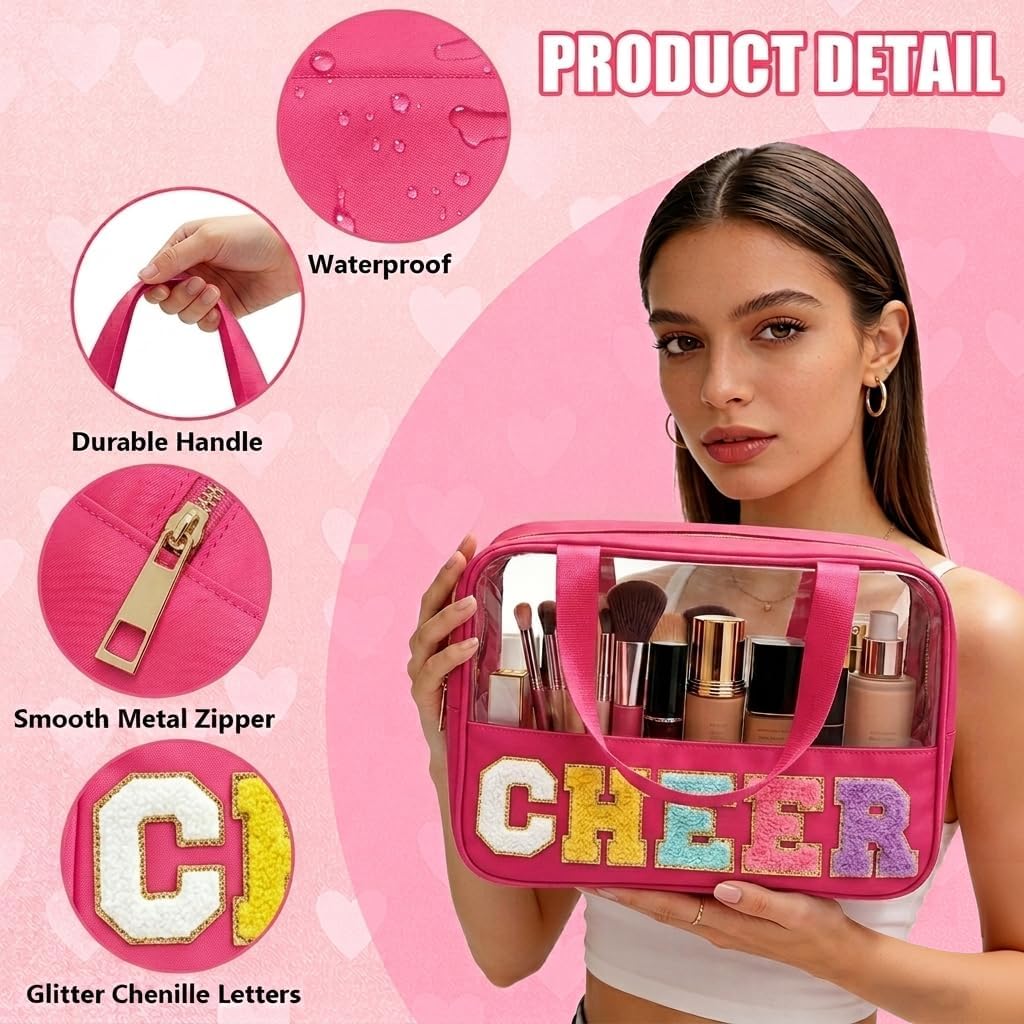 Cheer Makeup Bag - Waterproof Nylon Cosmetic Organizer with Chenille Letter Patch | Ideal Cheerleader Gift for Team