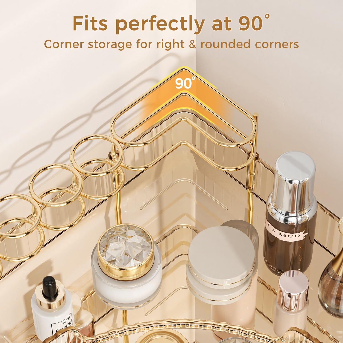 BEFSOP Corner Bathroom Counter Organizer, Upgraded 2-Tier Makeup Organizer Countertop with Makeup Brush Holder, Skincare Exquisite Vanity Organizers Countertop Bathroom Storage Dresser(GOLD)