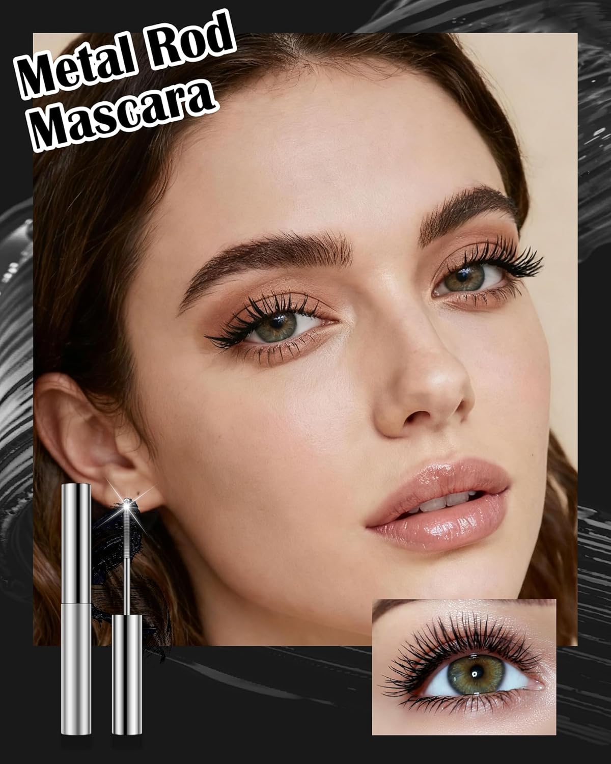 Washable Metal Rod Mascara - Black Waterproof Volume & Length | Long-Lasting Smudge-Proof Fiber Lash Makeup