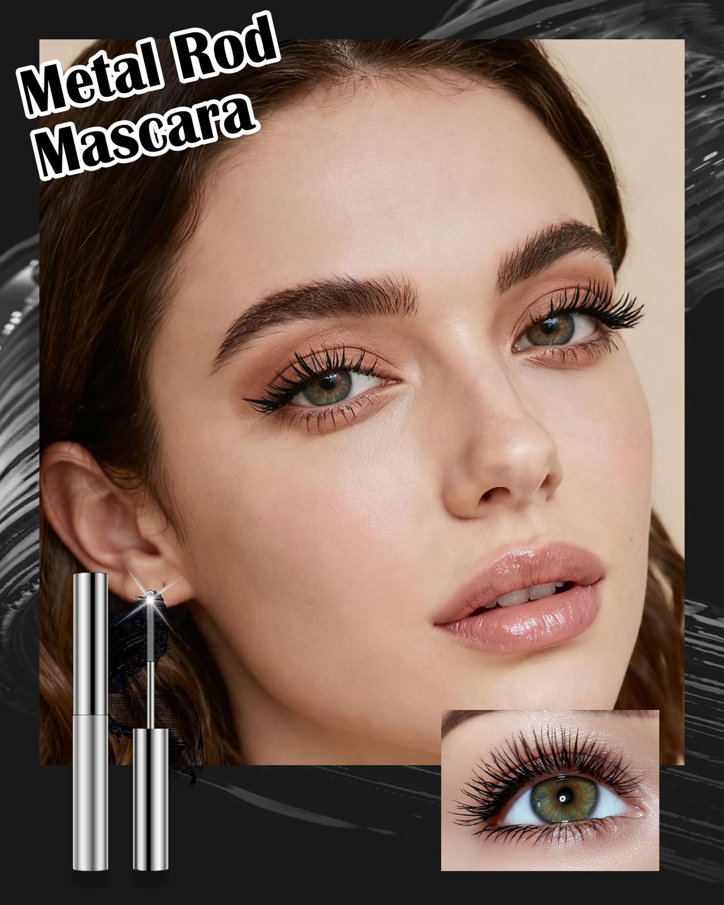 Washable Metal Rod Mascara, Black Waterproof Tube Mascara Volume and Length,3D Skinny Curling Iron Wand,Long Lasting Smudge-Proof Non Clumping Lengthening Fiber Lash Máscara Makeup for Women