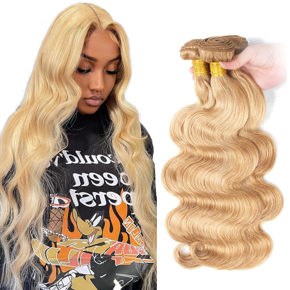 P27/613 Honey Blonde Bundles Human Hair Body Wave Bundles 18 20 22 Inch Highlight Blonde Unprocessed Brazilian Virgin Hair 3 Bundle Deals Quick Weave Hair Extensions 50 Gram Per Bundle