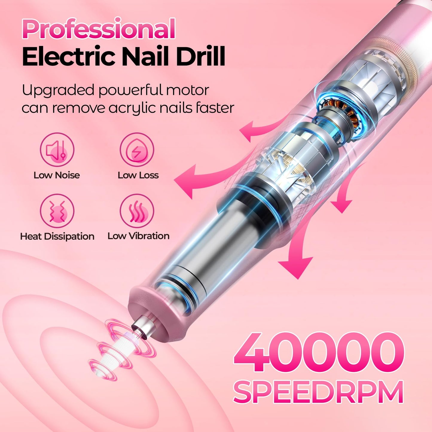 GOLEEXU Nail Drill Electric File: 40000RPM Professional E File Kit E File Machine Filer for Shaping, Buffing, Removing Acrylic Gel Nails, Manicure Pedicure Kit with 12Pcs Nail Bits, Home Salon Use