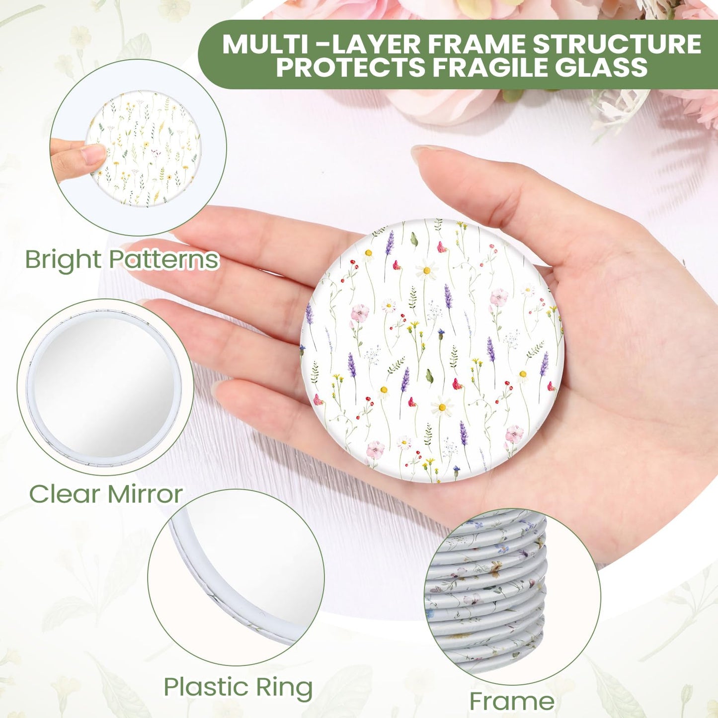 Briwooody 20 Pcs Wildflower Compact Mirrors Bulk for Women 2.75 in Round Makeup Mirror Party Favors Gifts for Women Friend Mother Birthday Bridal Shower Tea Party Decor