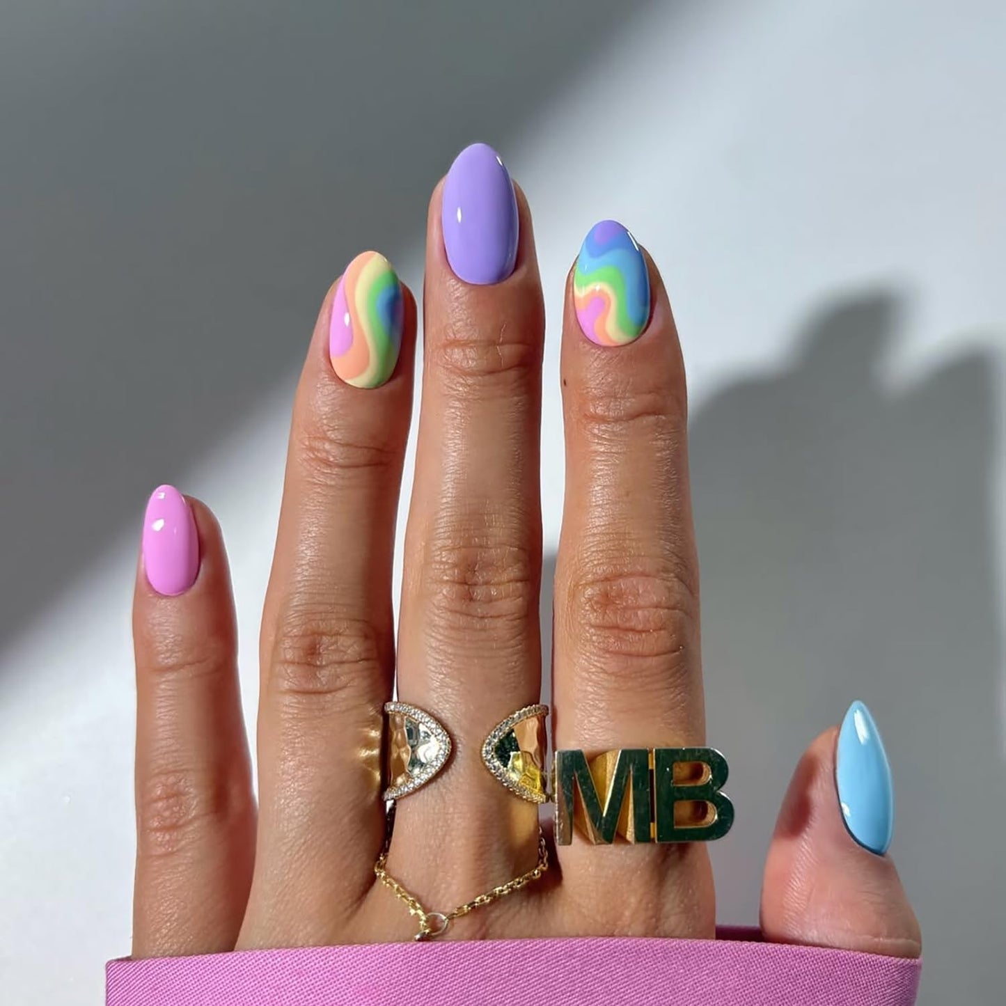 Short Press-On Almond Fake Nails - Rose Pink Acrylic with Glossy Stripe Designs | Reusable Full Cover Nails for Women
