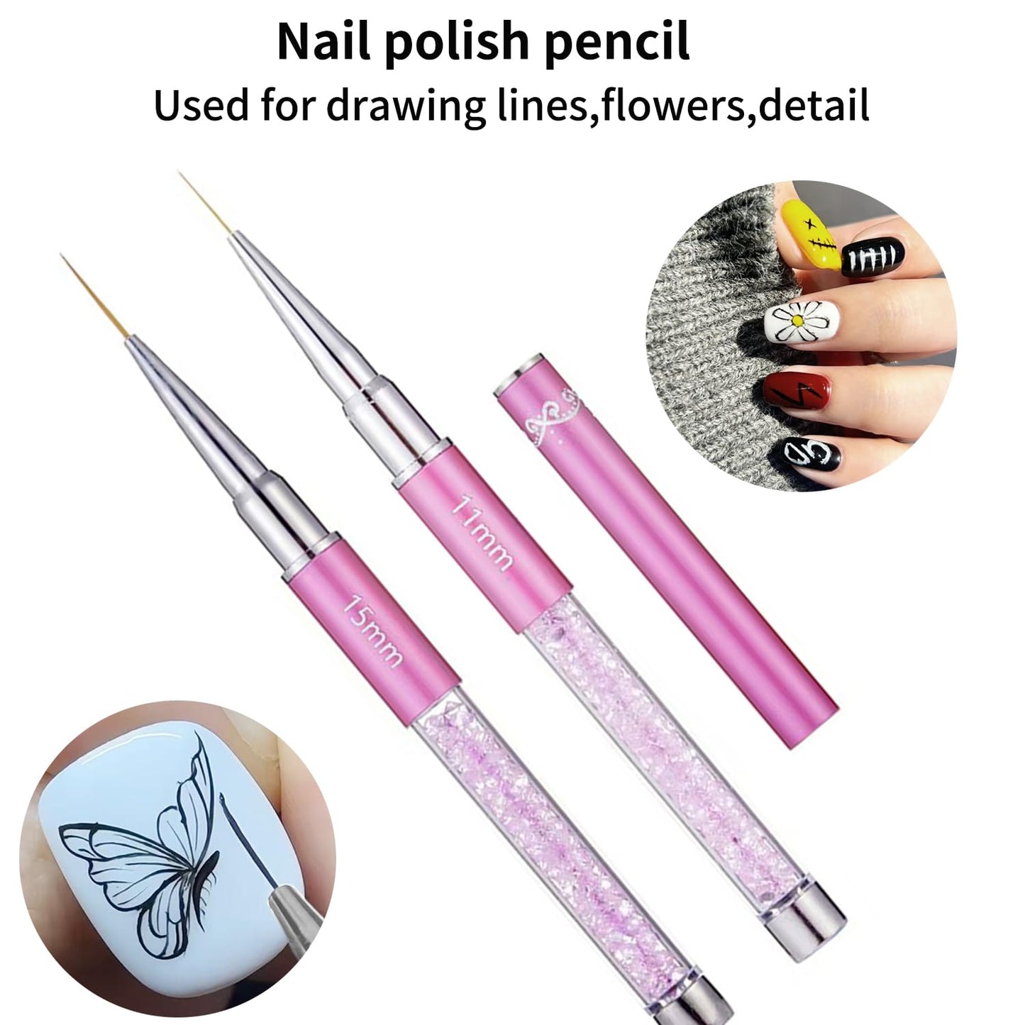 2Pcs Super Fine Nail Art Liner Brush Set, Size 11mm & 15mm Nail Striper Brushes with Purple Crystal Handle, Professional Fine Detail Nail Brushes for Gel Polish French Manicure Intricate Designs