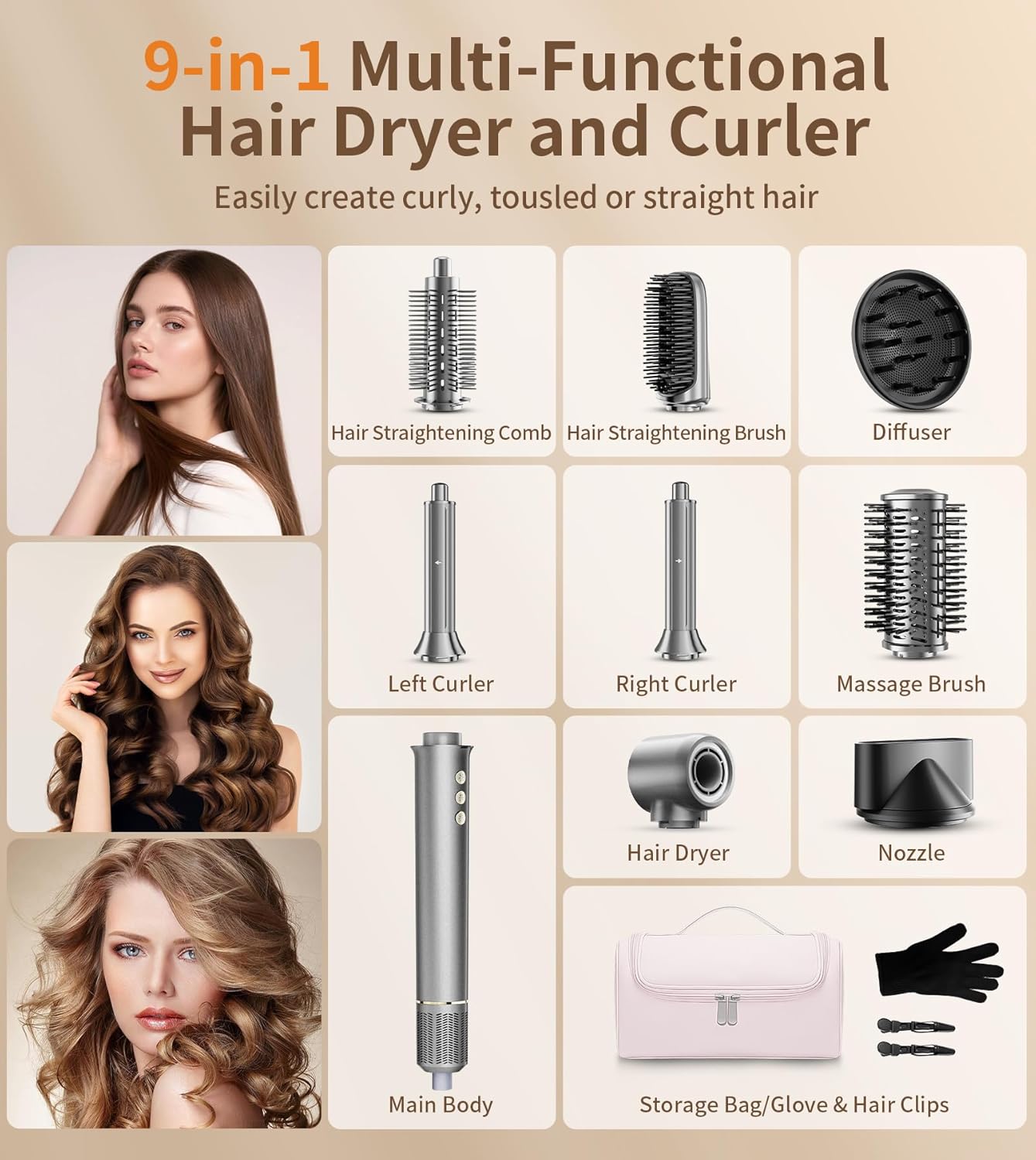 Professional 9-in-1 Hair Dryer Brush Kit - 1200W Hot Air Styler with Auto Wrap Curler | Travel-Friendly, Frizz-Free Styling