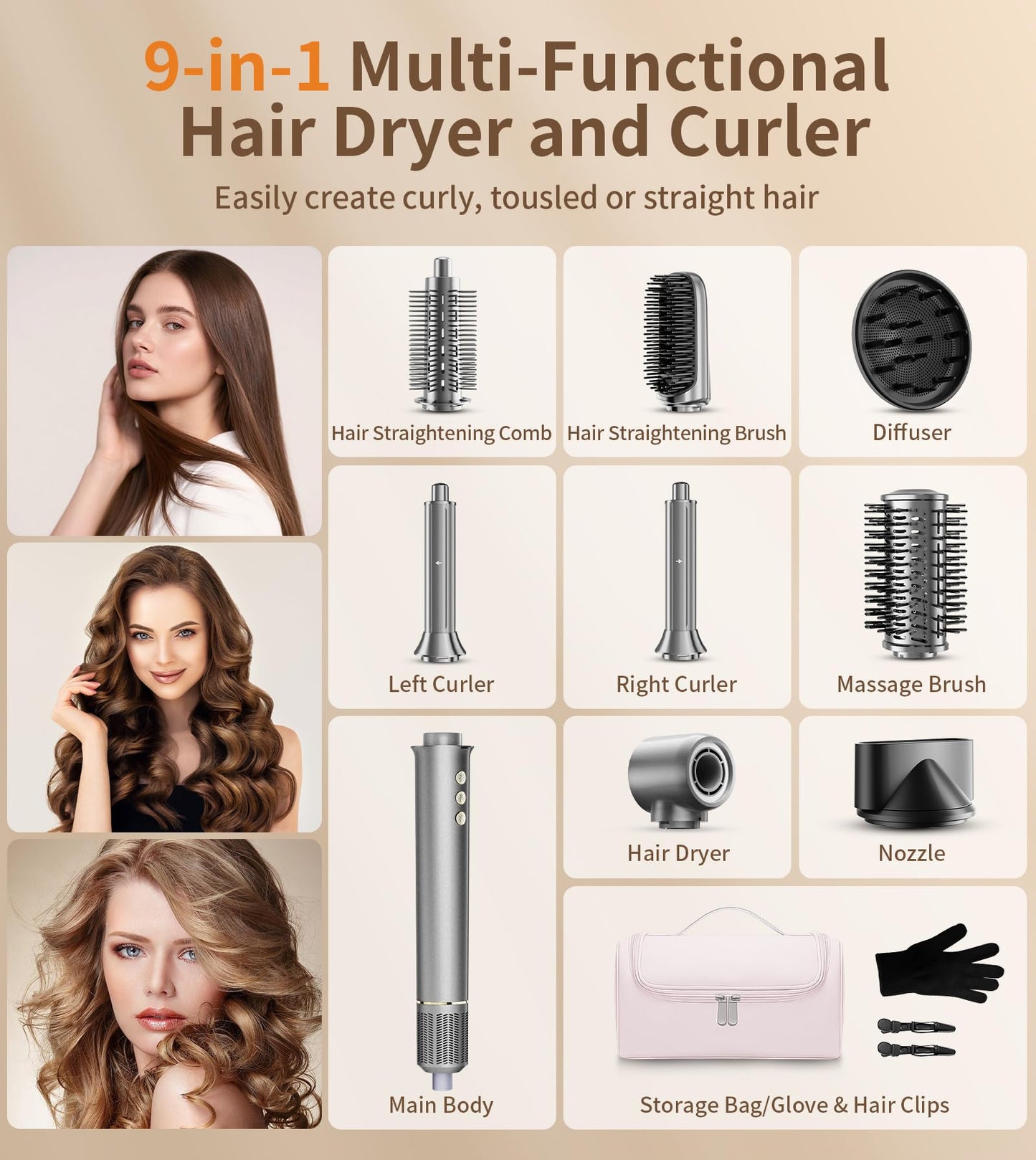 9 in 1 Hair Dryer Brush Kits,Professional 1200W Powerful Hot Air Styler Dryer with Case,110,000 RPM Auto Wrap Air Curler Travel Hair Crimper for Fast Drying/Straightening/Styling/Volumizing/Frizz-Free