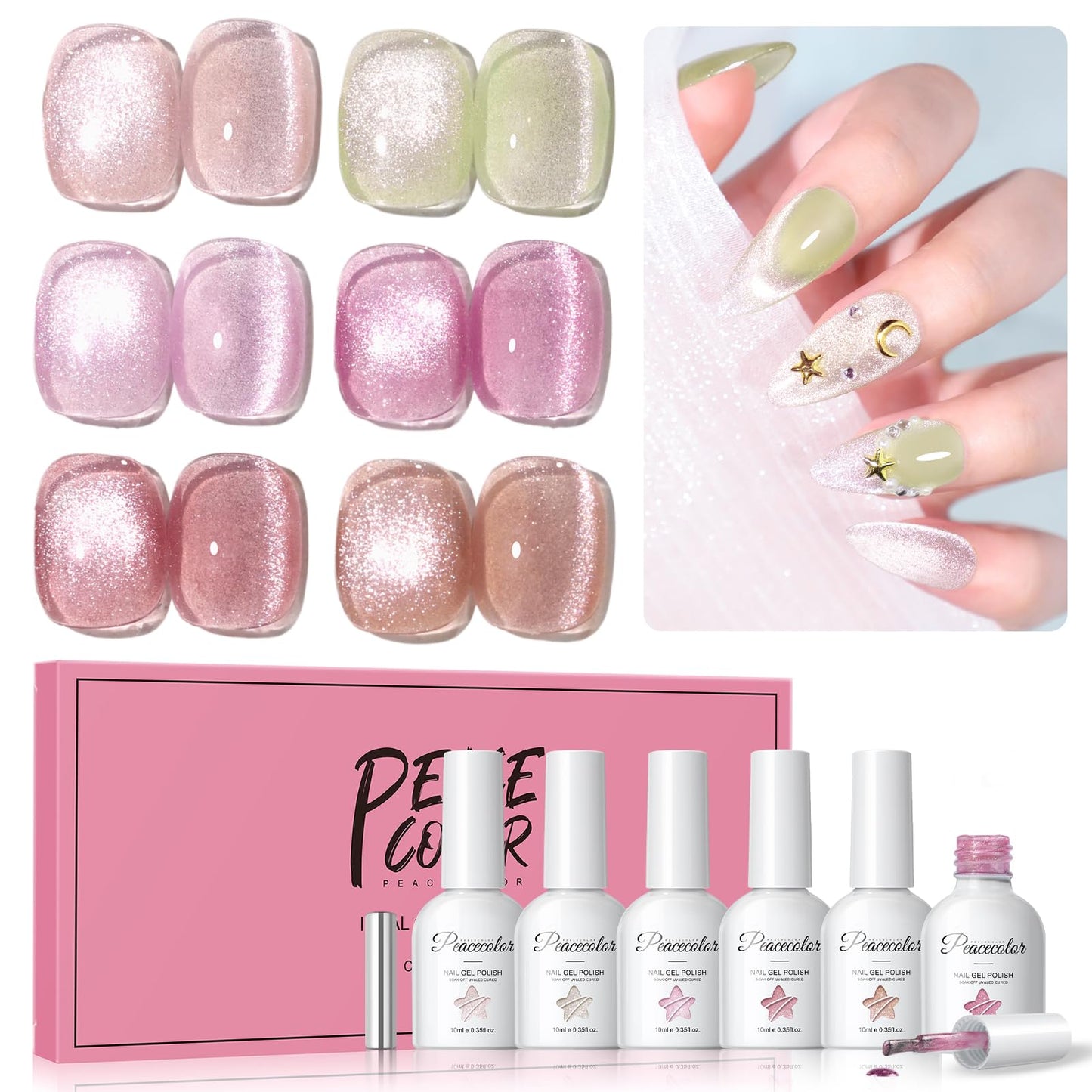PEACECOLOR Cat Eye Gel Nail Polish Set 6 Colors Milky Nude Pink Glitter Summer Cat Eye Magnetic Sparkle with Magnet Soak Off Home Salon Nails
