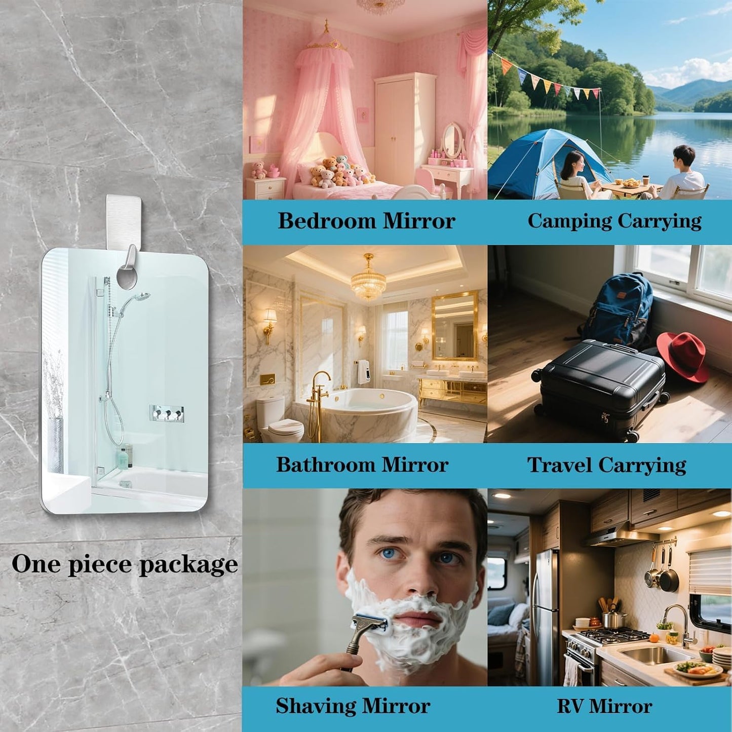 Shower Mirror Fogless for Shaving, 9.5inx7.5in No Fog Shaving Mirror, Anti-Fog Makeup Small Mirror Bathroom Accessories Travel Camping, Shatterproof Men's Woma Wall Hanging