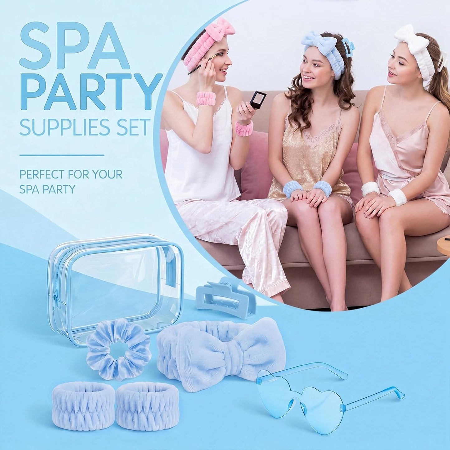 Slumber Party Supplies - 12 Set 84 Pcs Spa Gift Kit with Headbands, Sunglasses & Makeup Bag | Pastel Colors