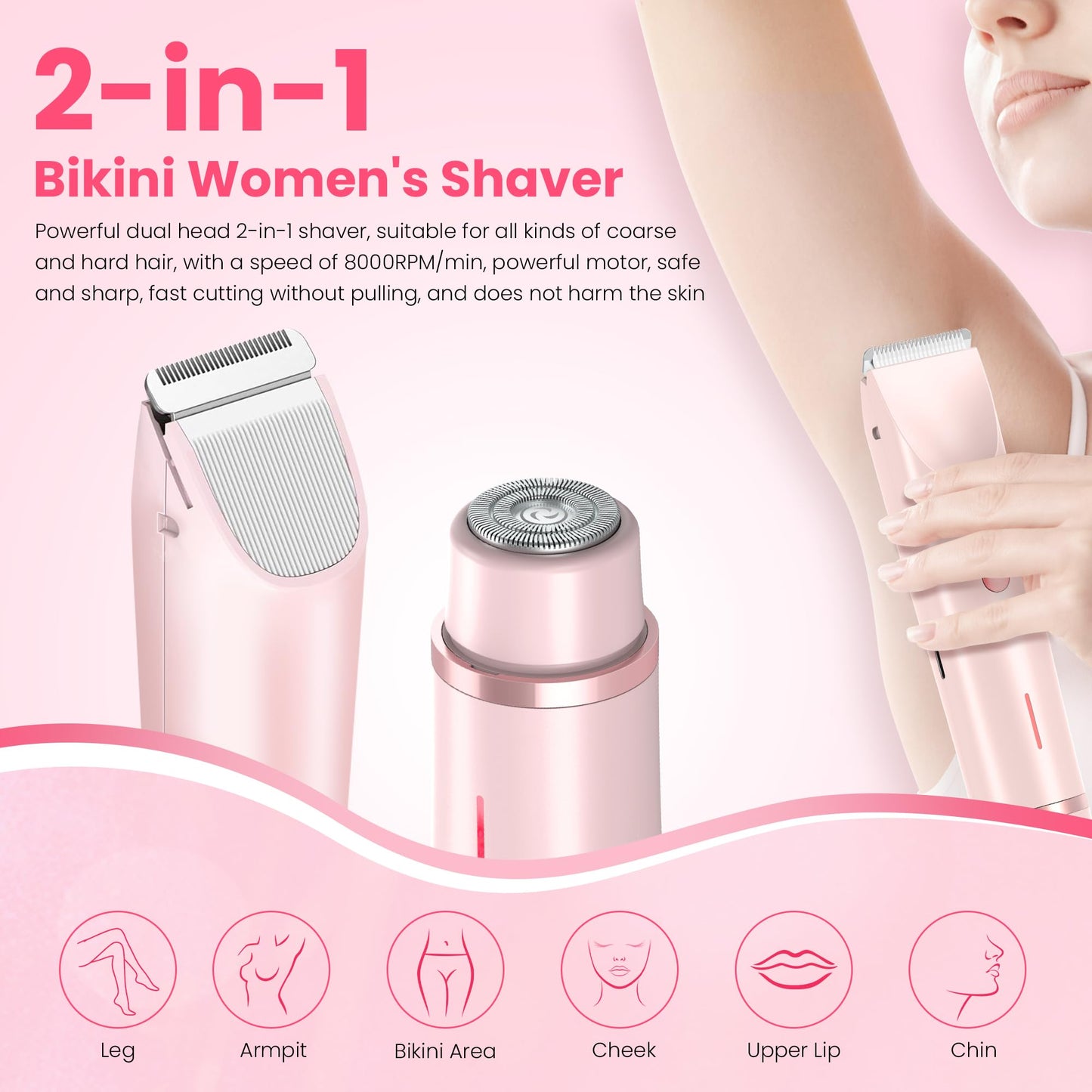 YZDJQX Bikini Trimmer for Women-2 in 1 Dual Head Electric Razors,IPX7 Waterproof Bikini Electric Shaver,Dry & Wet Use Painless Bikini Shaver,Pubic Hair Trimmer for Private Area & Body Hair, Pink