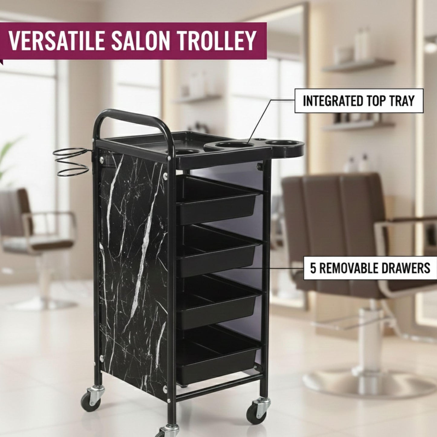 Salon Trolley Cart with 5 Layers – Durable Black Metal Salon Cart with Smooth Wheels, Spacious Storage Trays, and Stable Design – Perfect for Barbers, Stylists & Beauty Salons