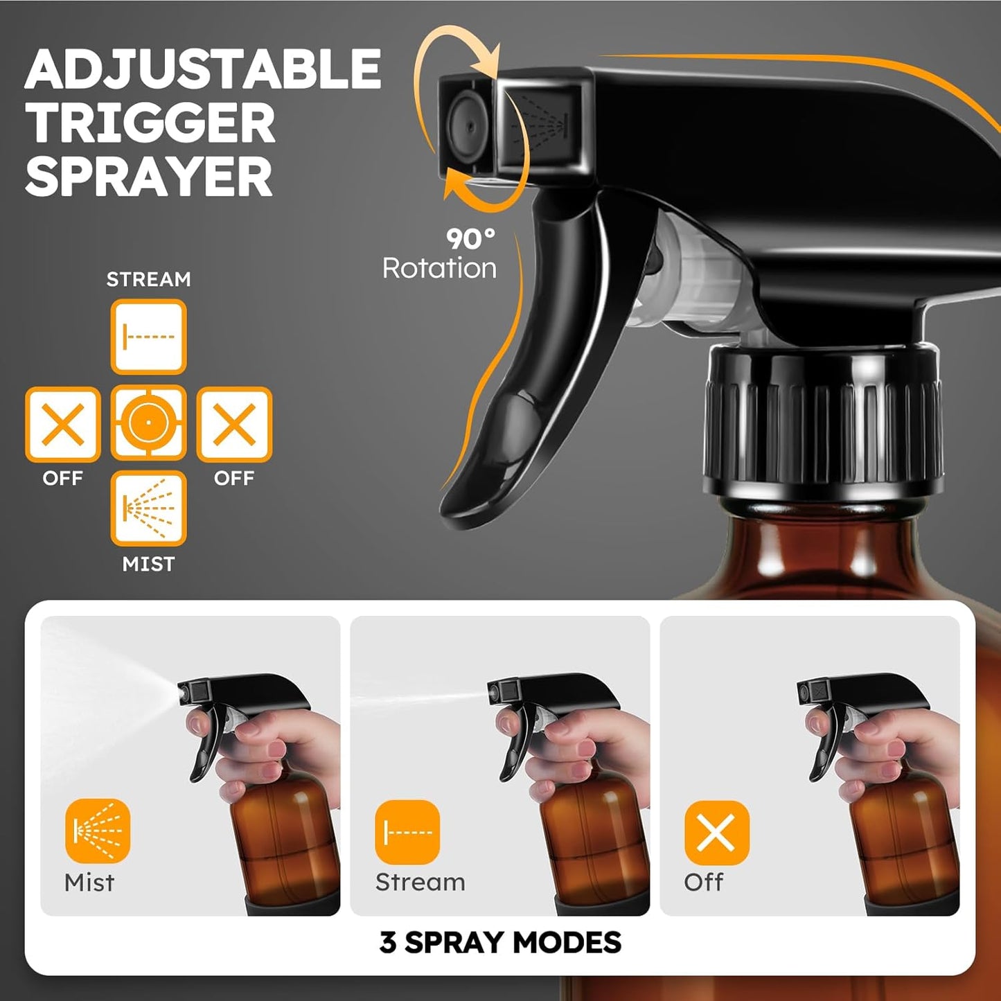 **360° Amber Glass Spray Bottles - 16 oz Refillable Containers with Adjustable Nozzles | 2 Pack in Black & Brown**