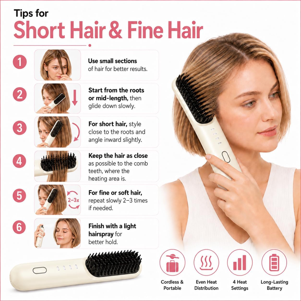 Go Brush Pro Cordless Hair Straightening Brush - 2026 Upgrade, 4 Temp Settings, Fast Heat | Frizz-Free Styling (Beige)
