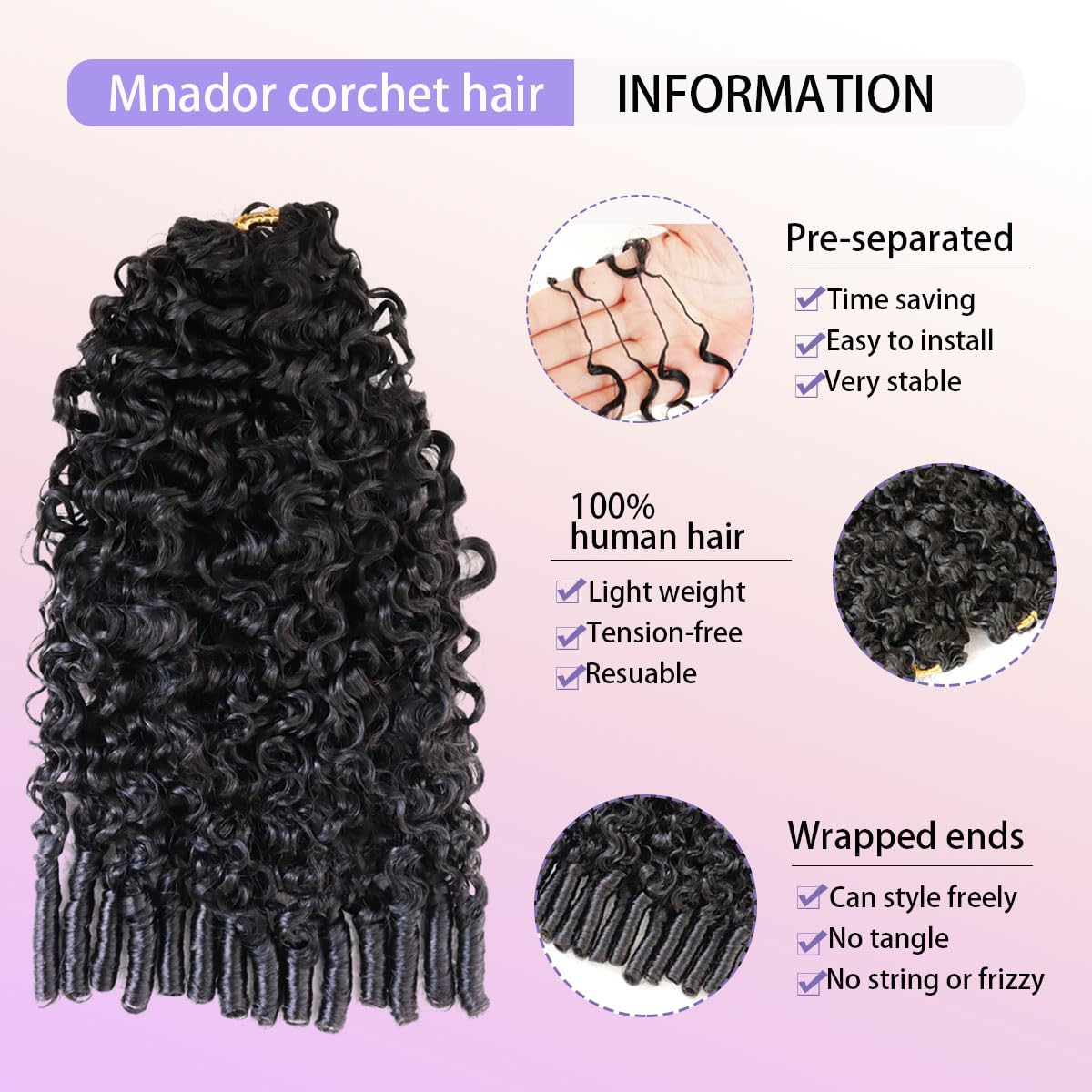 Mnador Burmese Curly Crochet Hair for Black Women 60g Pre-Separated Feather Crochet Human Hair Invisible Knotless Human Crochet Hair Reusable Lightweight Hair Extensions Natural Black 14Inch