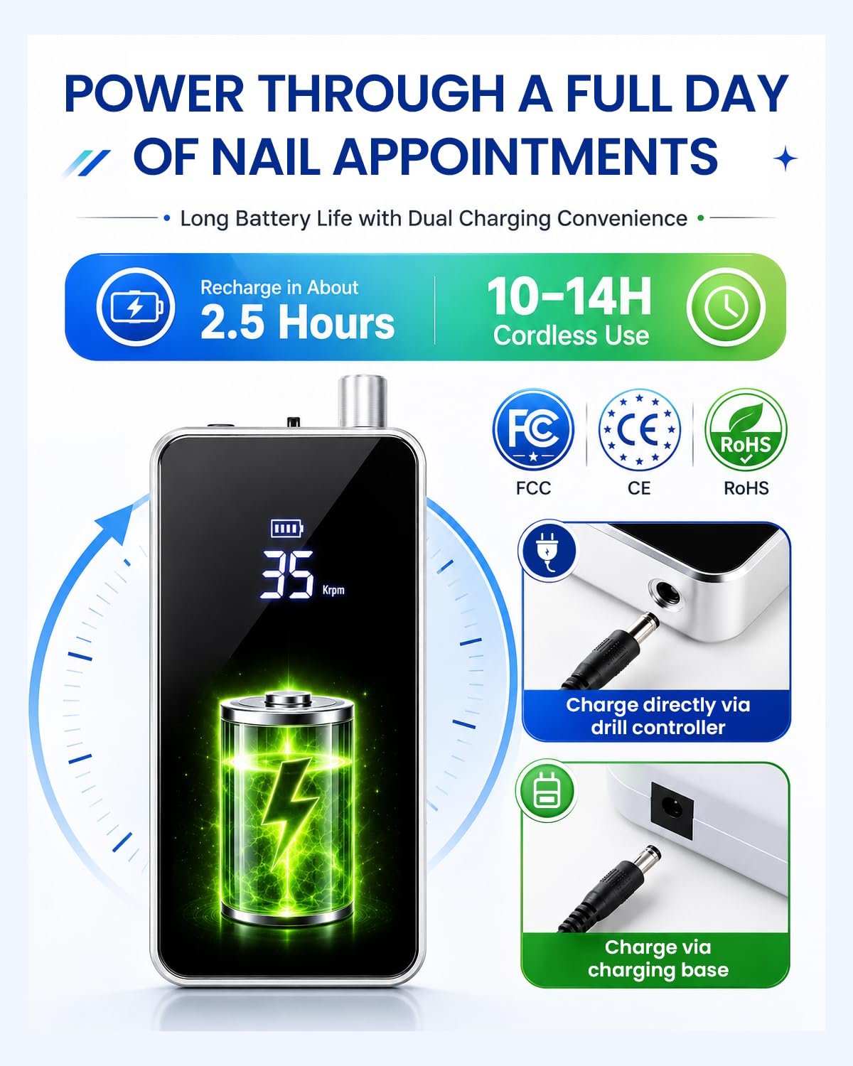 Makartt Nail Drill Professional, 35,000RPM Electric Nail File for Acrylic & Gel Removal, 60W Coreless Motor, 2-in-1 Desktop & Portable, LCD Display, Rechargeable, Quiet, F&R, Nouvella Black