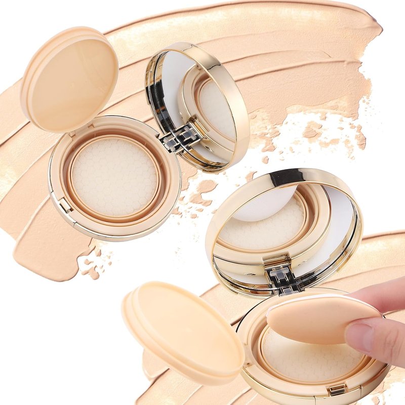 Gold Empty Cushion Foundation Makeup Sponge Holder - 7 Pcs Portable Makeup Container with Extra Sponges & Mirror
